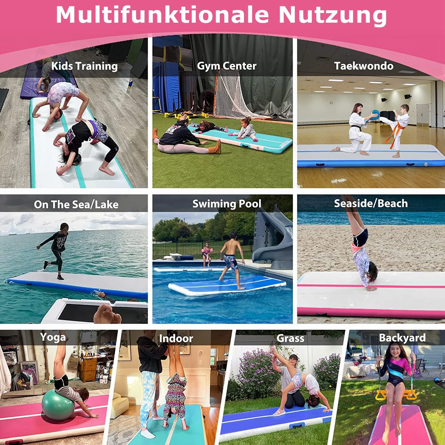 Air Track Tappetino Ginnastica Artistica 2 3 4 5 6 Metri 10/20CM Spessore Materasso Ginnastica da Casa/Yoga/Formazione/Cheerleading/Divertimento Acqua con Pompa (Rose Plus, 3M15)