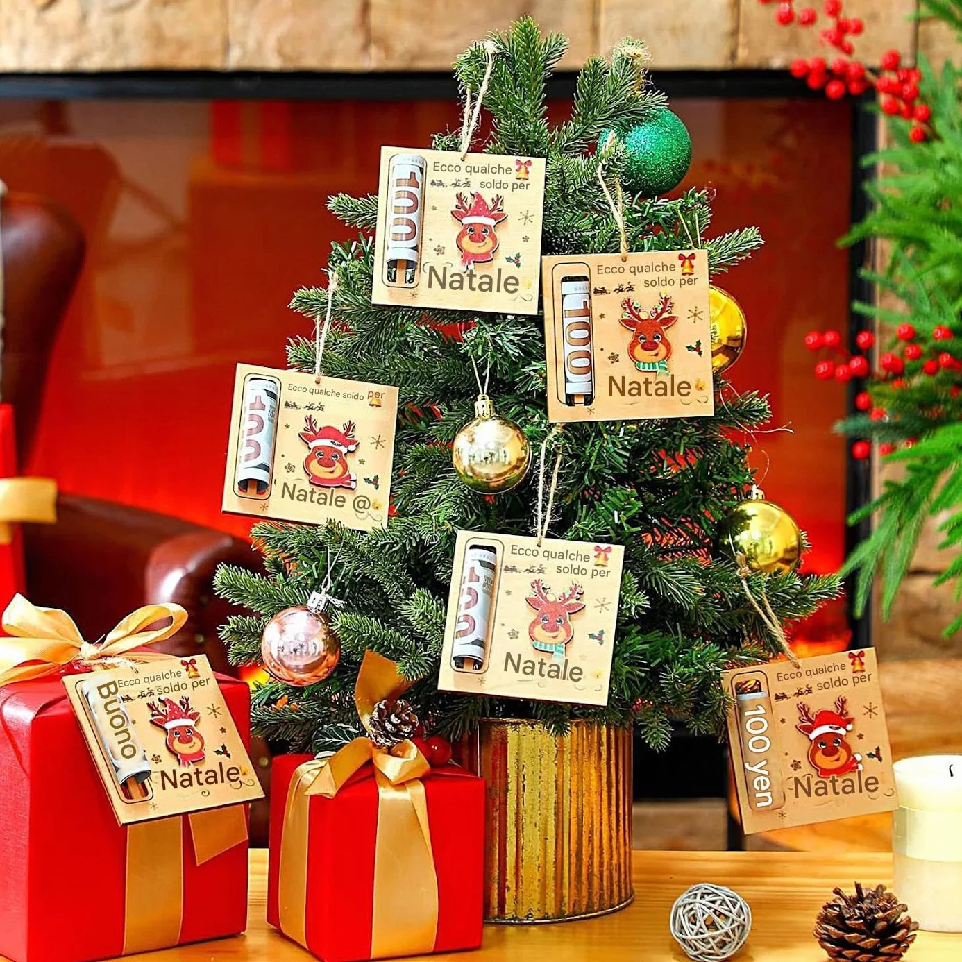 Portasoldi Natalizi in Legno 3 Pezzi Ornamenti Decorativi a Clip per Denaro per Albero di Natale