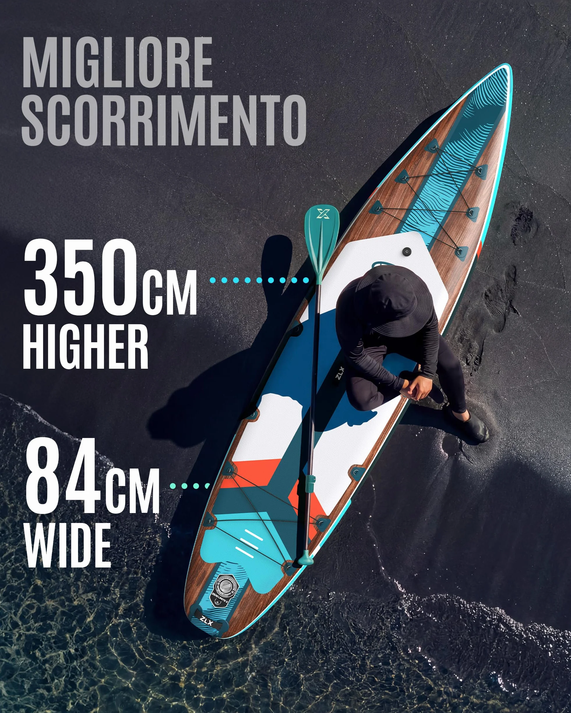ZLX Sup Gonfiabile 350x83cm,SUP Touring Con Accessori Completi, Tavola SUP Max 230 Kg, Pinna Centrale Unica, Pad Deck Antiscivolo, Tavola SUP Gonfiabile Per Adulti, Principianti, Tutti I Livelli