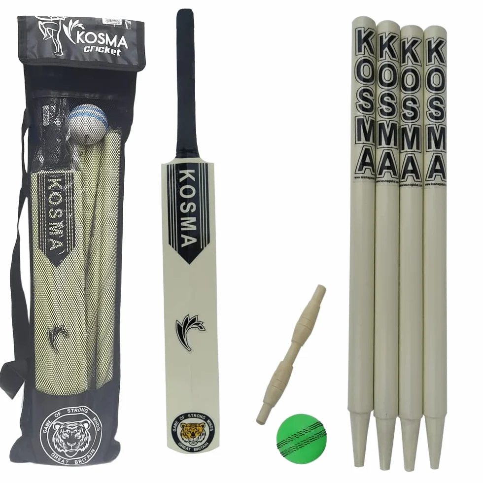 Kosma Set da Cricket Junior 8 Pezzi in Legno: Mazza Taglia 3-29", Palla, Wicket con Cauzioni, Borsa Trasporto