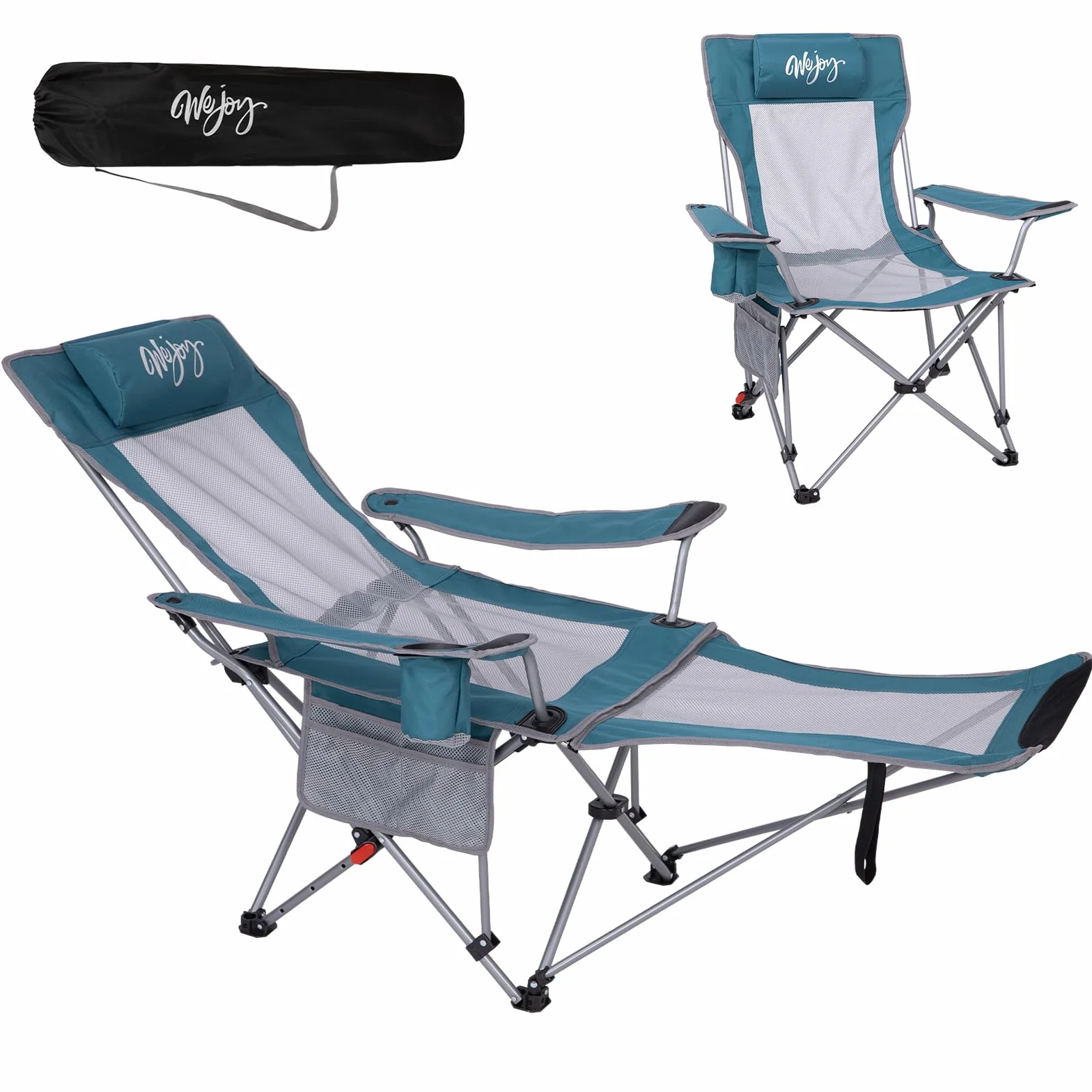 #WEJOY Sedia da campeggio pieghevole 2 in 1, 180 kg, con poggiapiedi, sedia da spiaggia con schienale regolabile in 4 posizioni, sedia a sdraio, sedia a sdraio con supporto per bevande, sedia da
