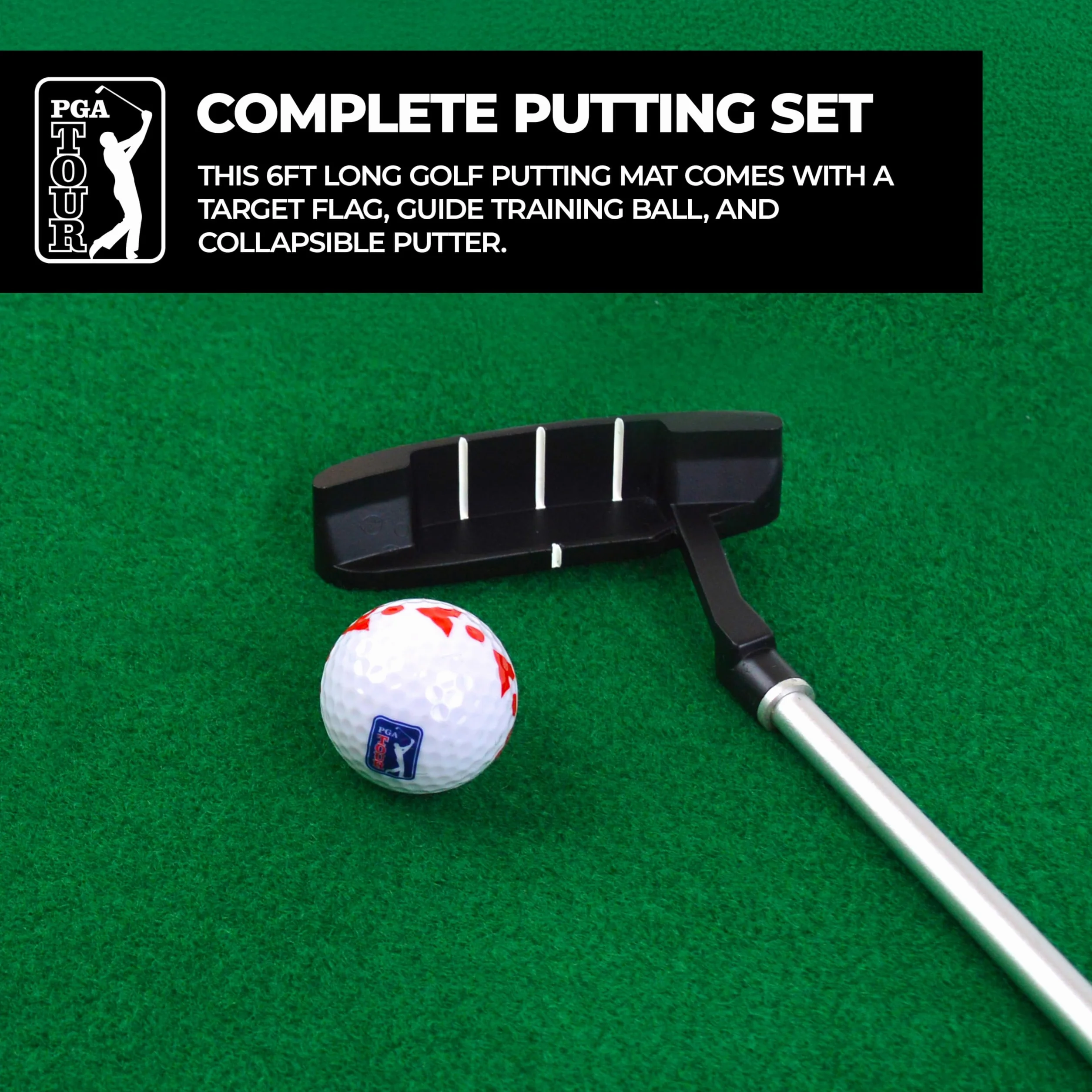 PGA Tour 6ft Putting Mat with Collapsible Putter & Alignment Guide Golf Ball