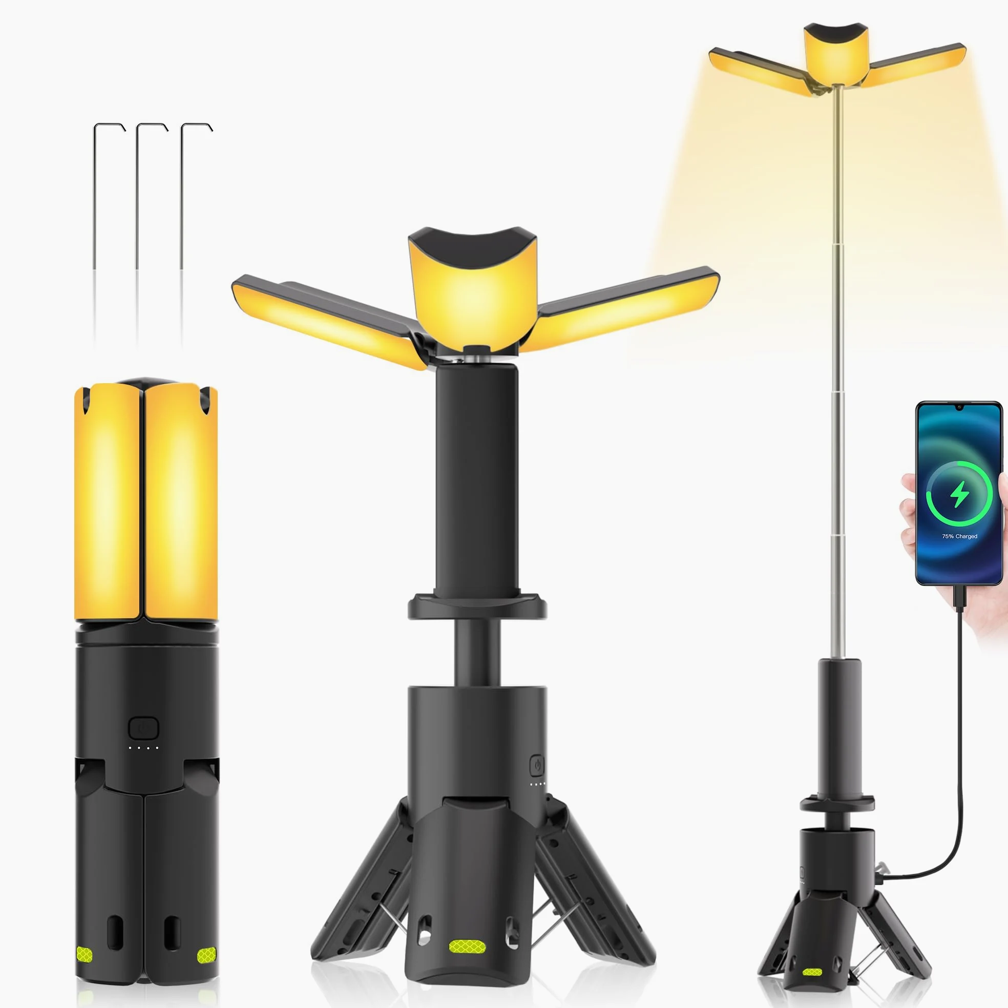 Luci da campeggio ricaricabili, luce da campeggio pieghevole, lanterna da campeggio a LED a 360° con asta telescopica, per tenda, escursionismo, emergenza, interruzione di corrente, uso esterno e