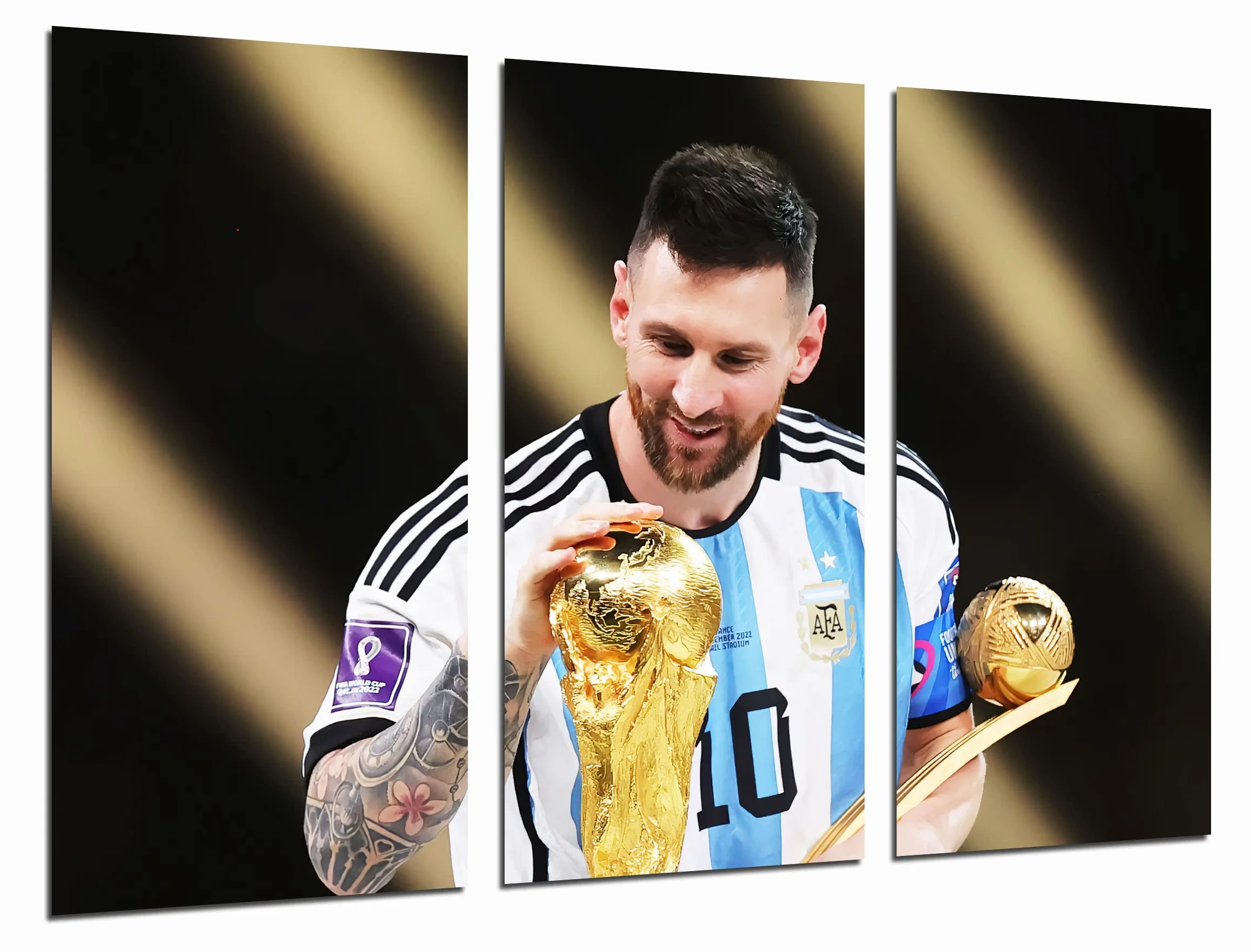 Quadro Moderno Calcio Argentina Campione del Mondo Lionel Messi Pallone Oro 97x62 cm