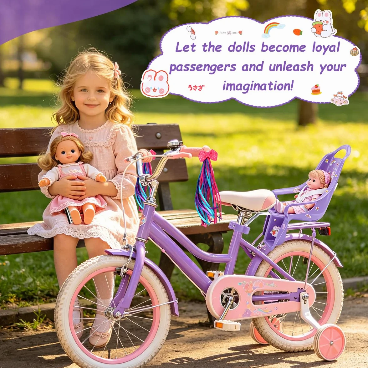 Seggiolino per Bicicletta per Bambole con Adesivi Fai da Te e Manubrio Stelle Filanti, Accessorio Bicicletta per Bambini