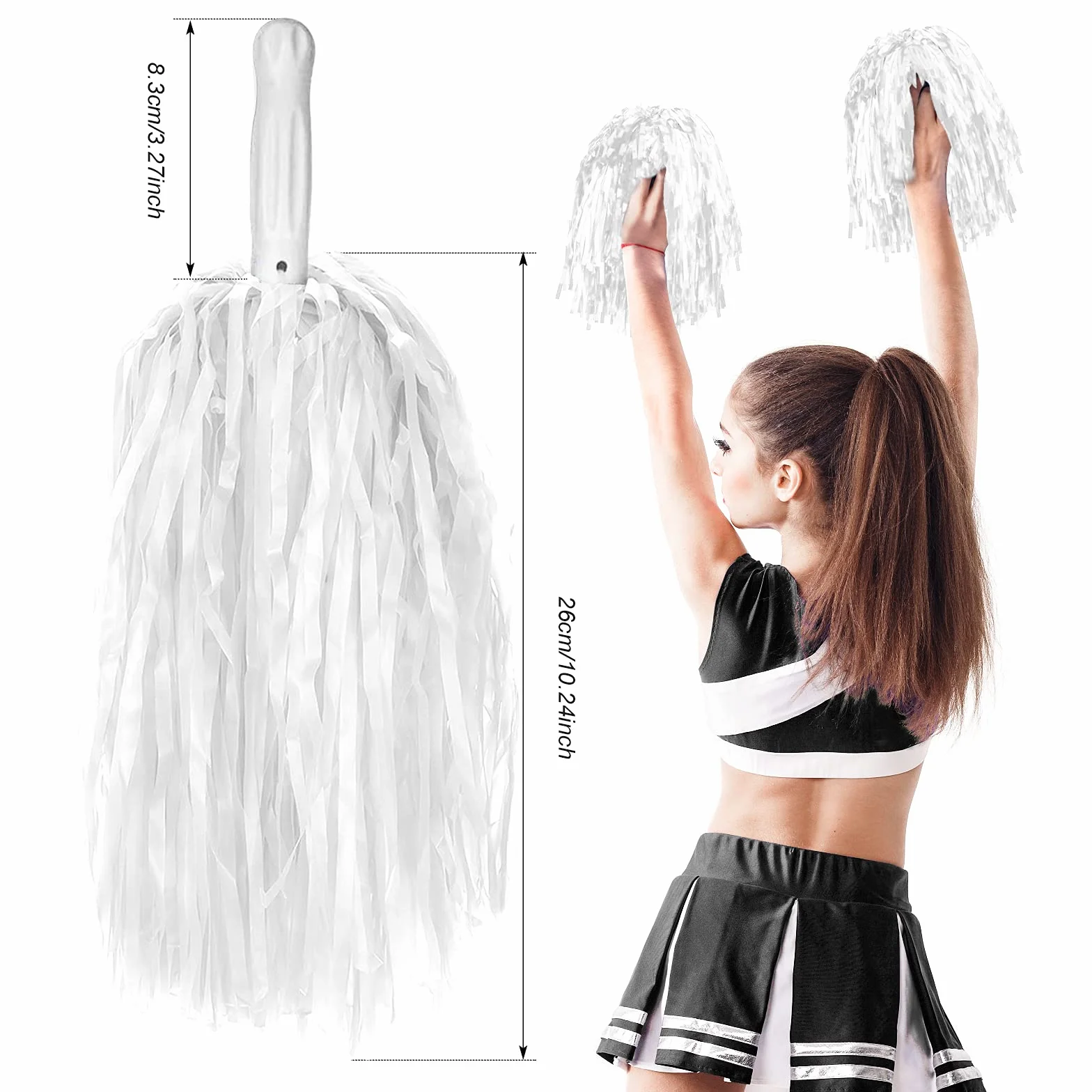 LINYAPRY 24 pompon metallici da cheerleader per bambini adulti con manico a bastone bianco
