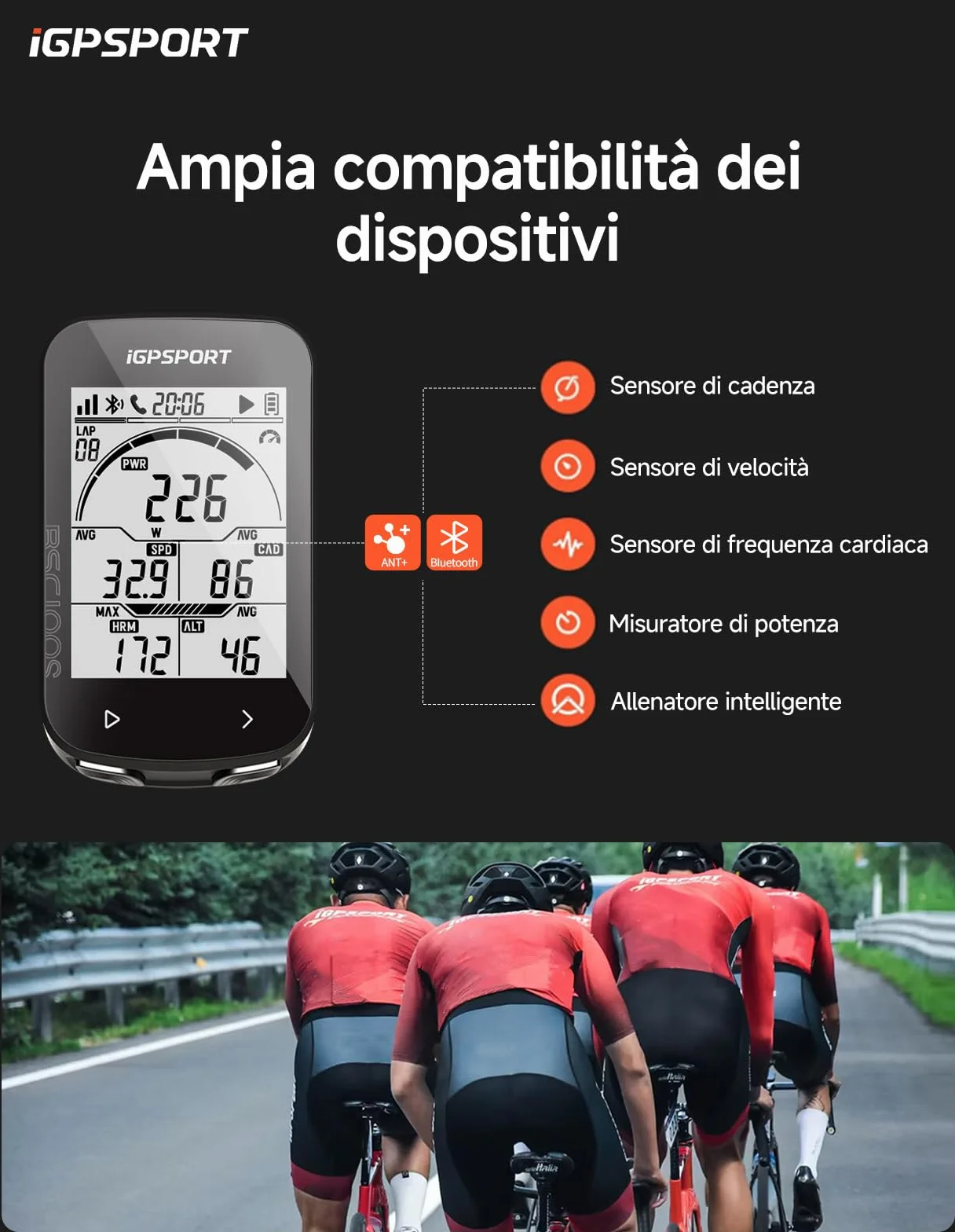 iGPSPORT BSC100S Ciclocomputer GPS Compatibile Contachilometri Bici Senza Fili Display 2,6" Tachimetro Retroilluminazione Automatica Impermeabile Bluetooth 5.0 ANT+
