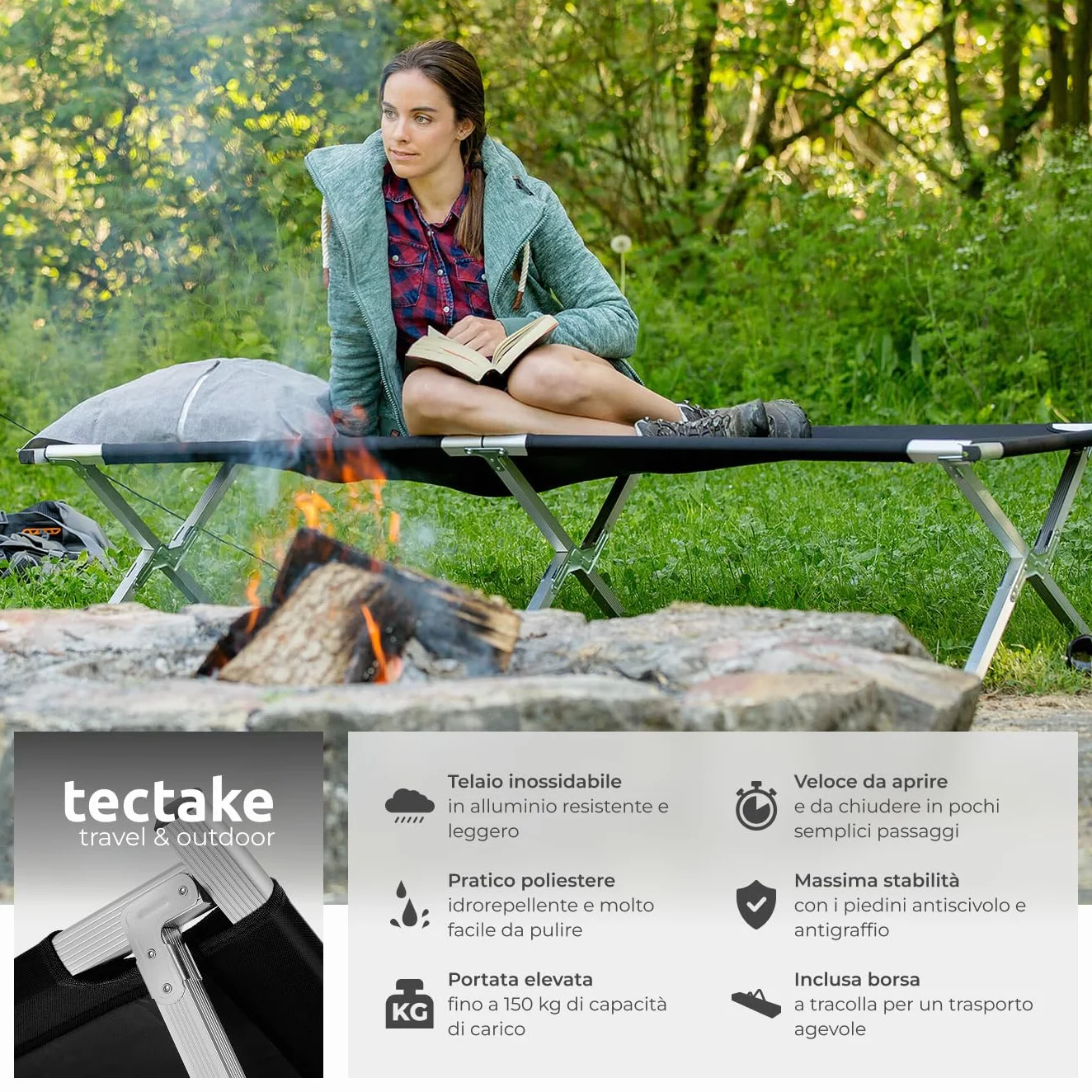 Tectake Lettino da Campeggio in Alluminio Pieghevole Portatile con Borsa, Portata 150 kg, Nero
