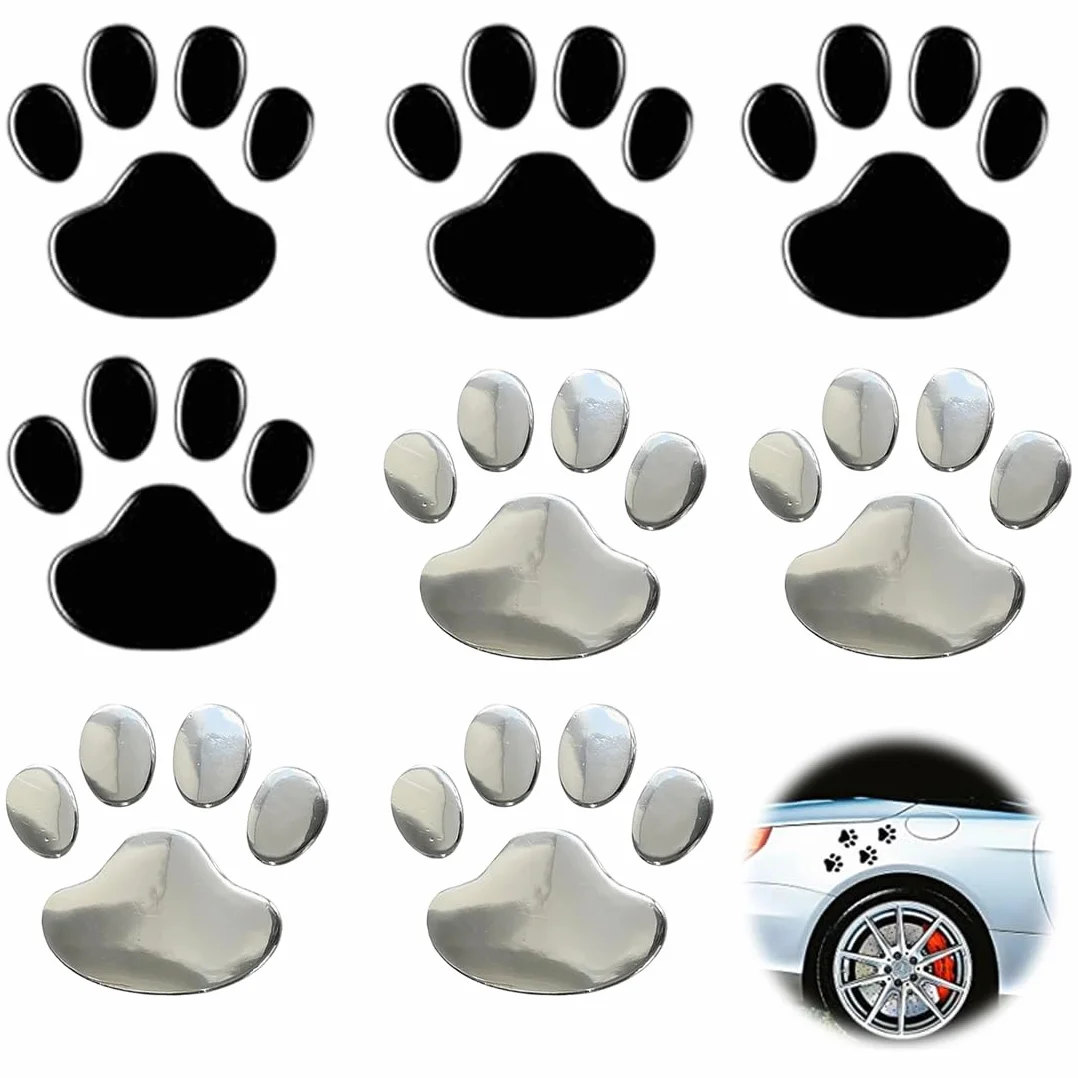 8 Pcs 3D Cromato Impronta Zampa Cane Adesivi Auto Esterni Emblema Decorativo per Auto, Moto e Scooter (Argento, Nero)