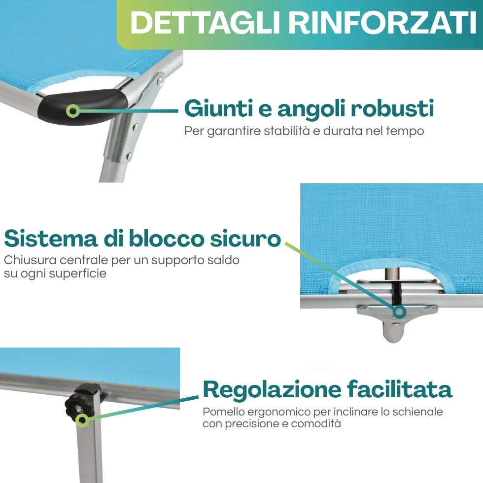 Lettino Prendisole Pieghevole in ALLUMINIO 190x60x80 cm Tessuto Textilene impermeabile tubolare 25mm Peso Max 120kg Azzurro