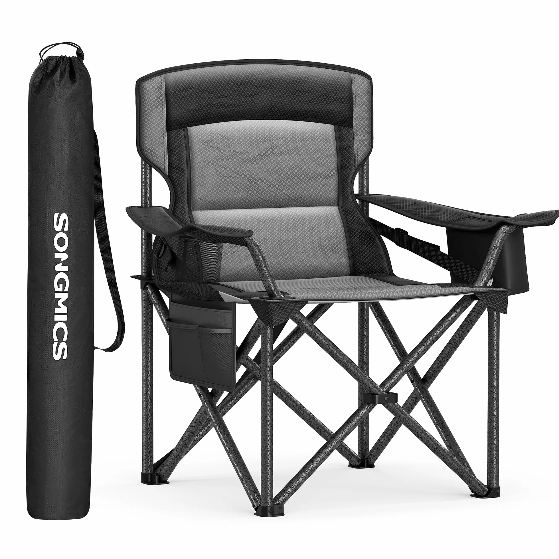 SONGMICS Sedia da Campeggio Imbottita Extra-Large Pieghevole con Supporto Lombare Portante 205 kg Nero Inchiostro