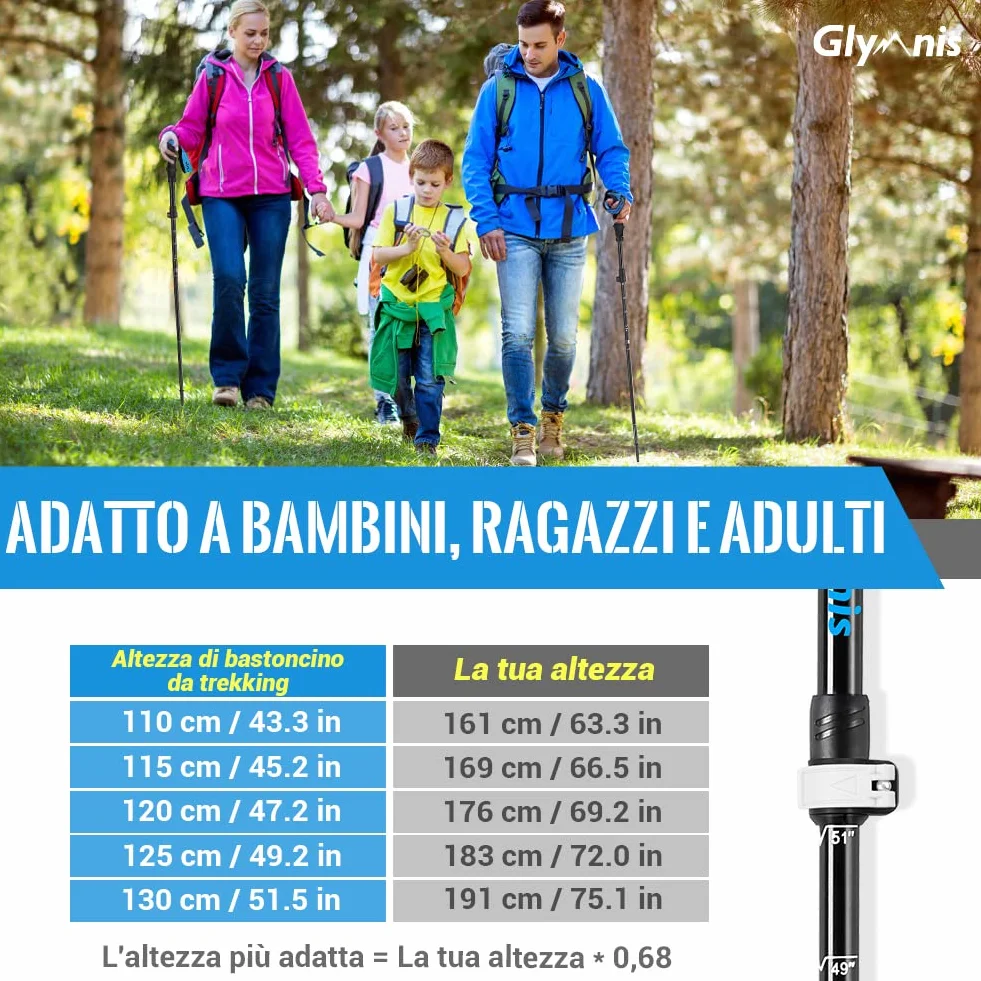 Bastoncini da Trekking Pieghevoli Antiurto 110-130cm Alluminio 7075 Impugnatura Eva Punta Carburo di Tungsteno 1 Paio
