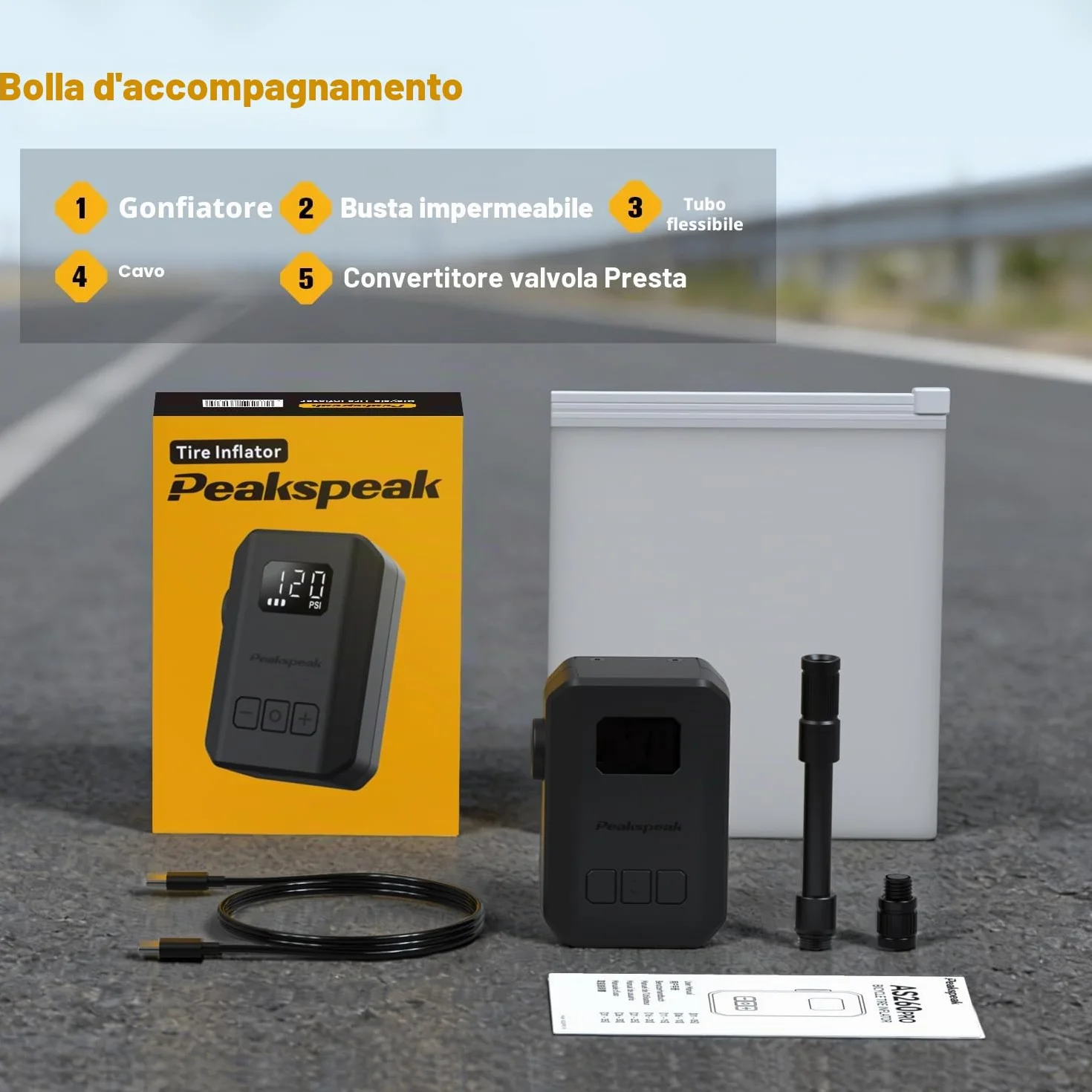 Peakspeak Mini Pompa Elettrica Bici AS260PRO 120 PSI ricaricabile USB-C con manometro e arresto automatico