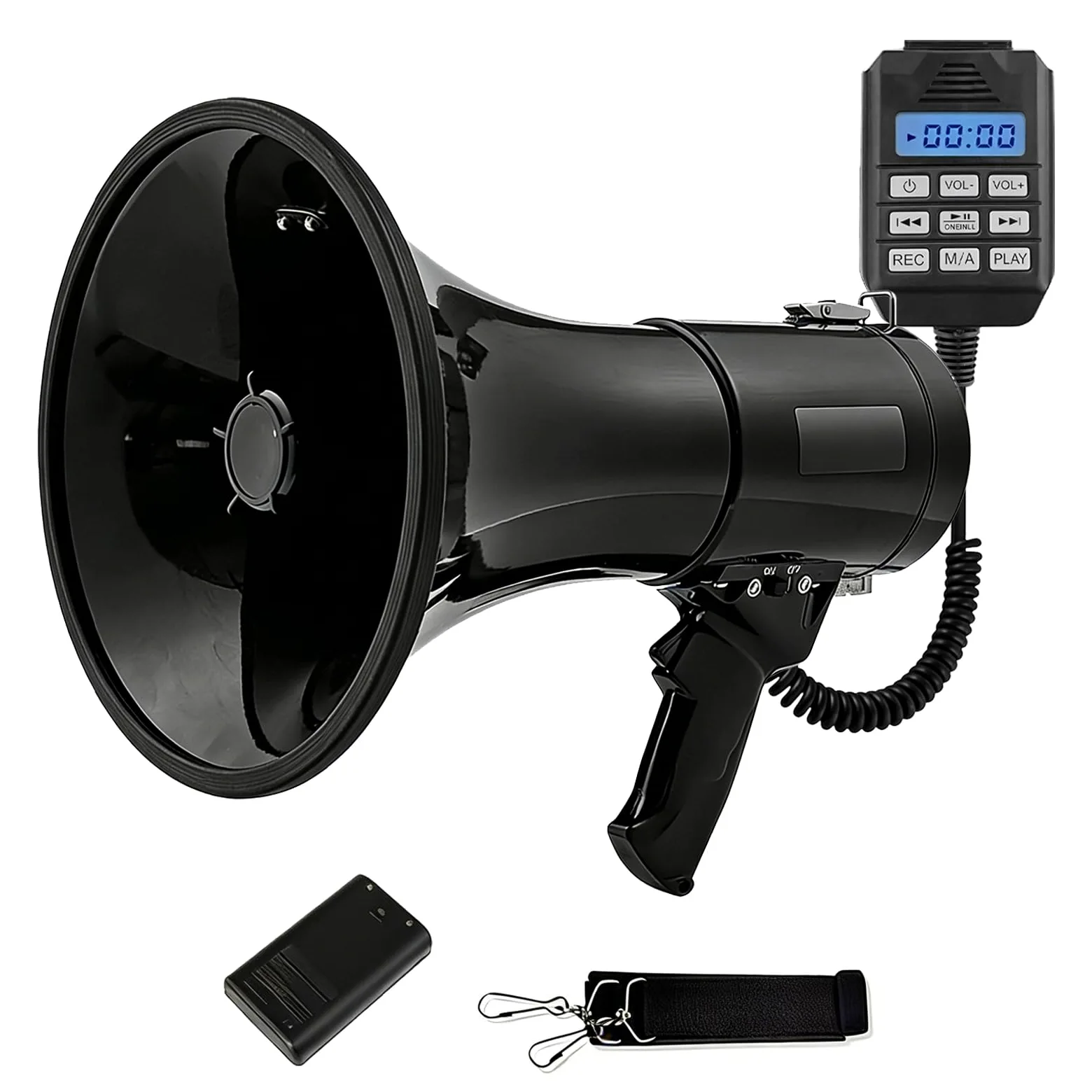 Megafono con Sirena e Microfono, Funzione di Registrazione e Bluetooth, Potenza Massima 100 W con Una Portata di 2000 m, MP3, USB, SD, AUX, megafono con Tracolla.