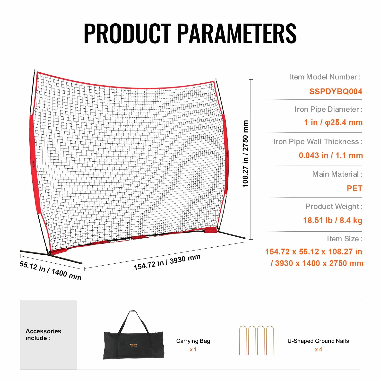 VEVOR Barricade Backstop Rete, Barriera sportiva per palloni, attrezzatura portatile per pratica con borsa per il trasporto, schermo di protezione per baseball, softball, lacrosse, calcio, hockey,