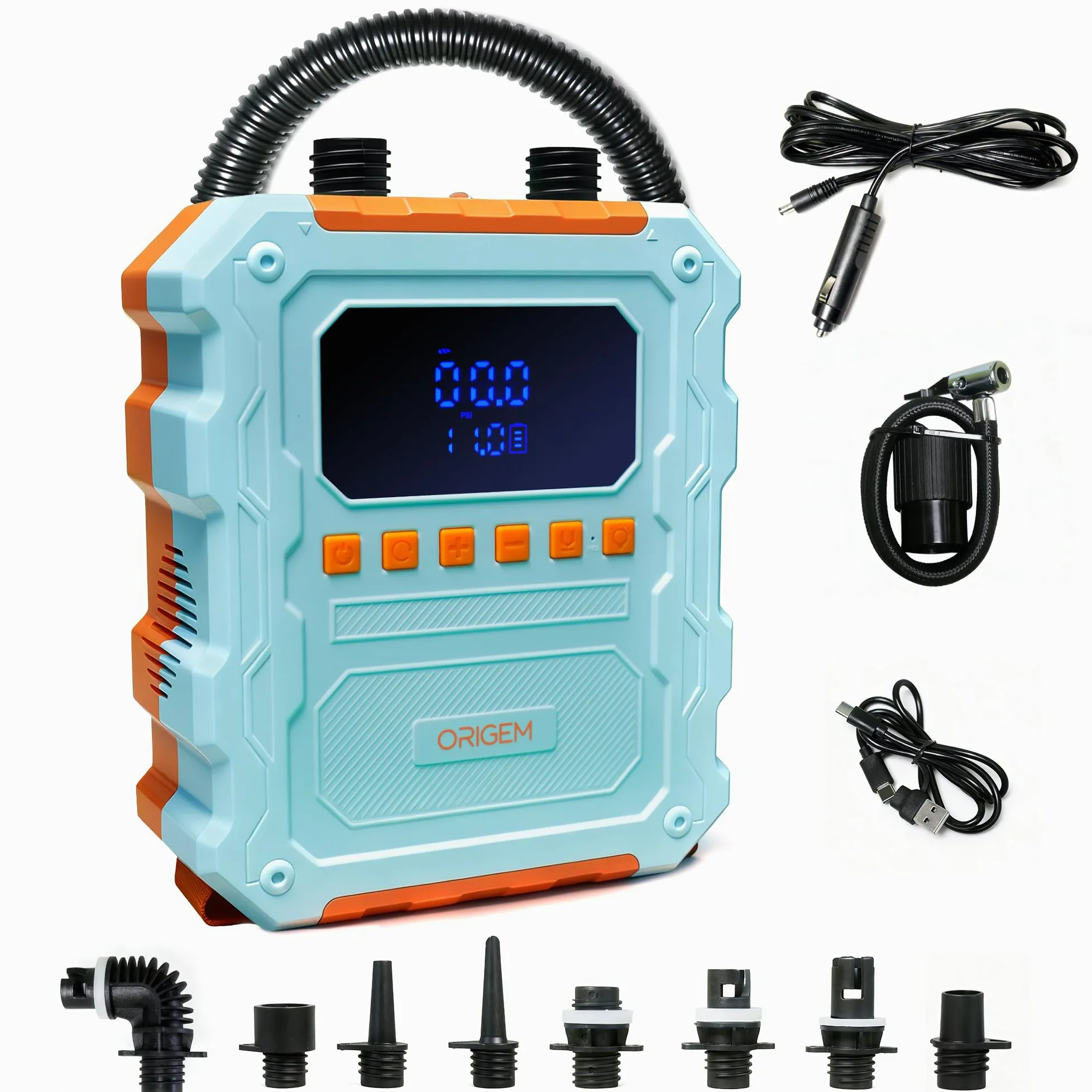 Origem 60PSI Pompa Elettrica SUP, 20800mAh Ricaricabile Gonfiatore Portatile per 6-9 SUPs, Compressore Aria per Pneumatici Auto Moto e Bici con 10 Ugelli per Paddleboard Gommoni Kayak Tende Materasso