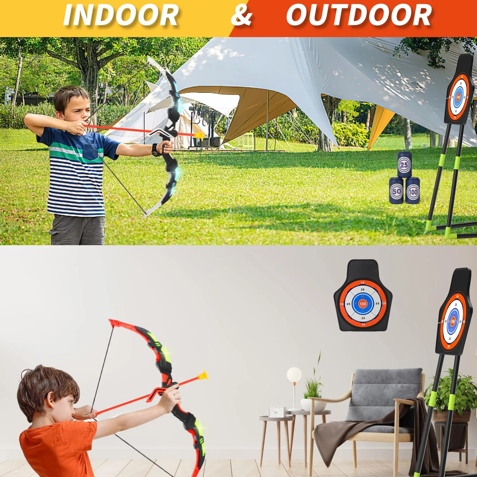 deAO Set Frecce e Archi con Luci LED per Bambini 4+ Anni 20 Frecce Ventosa 2 Archi Bersaglio