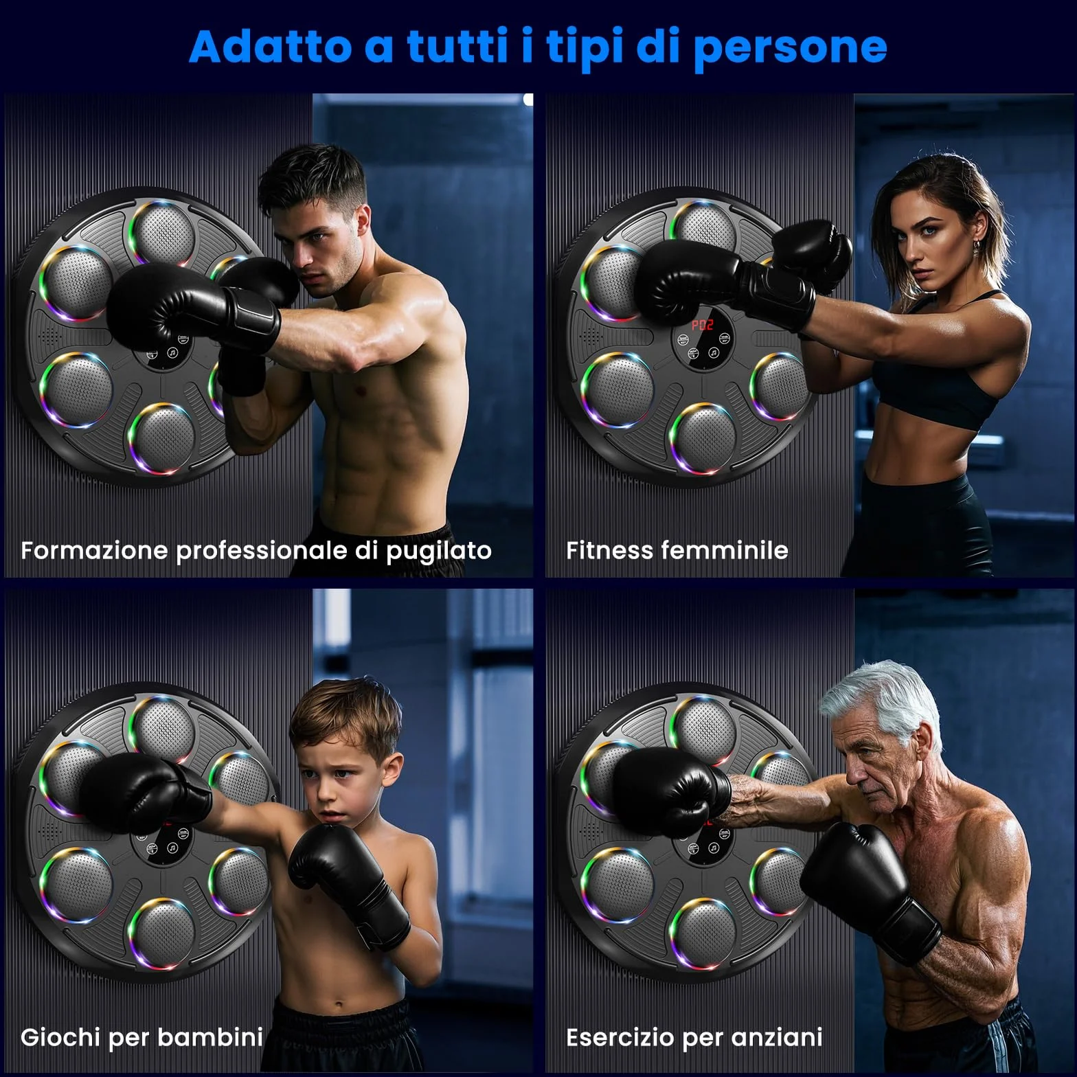 Macchina da Boxe Musicale, Extra Large Professionale a Parete con LED Dinamico et Guantone, Bluetooth Smart, Musica Elettronica a 12 velocità, per Adulti e Bambini, Interni e Palestre, Nero
