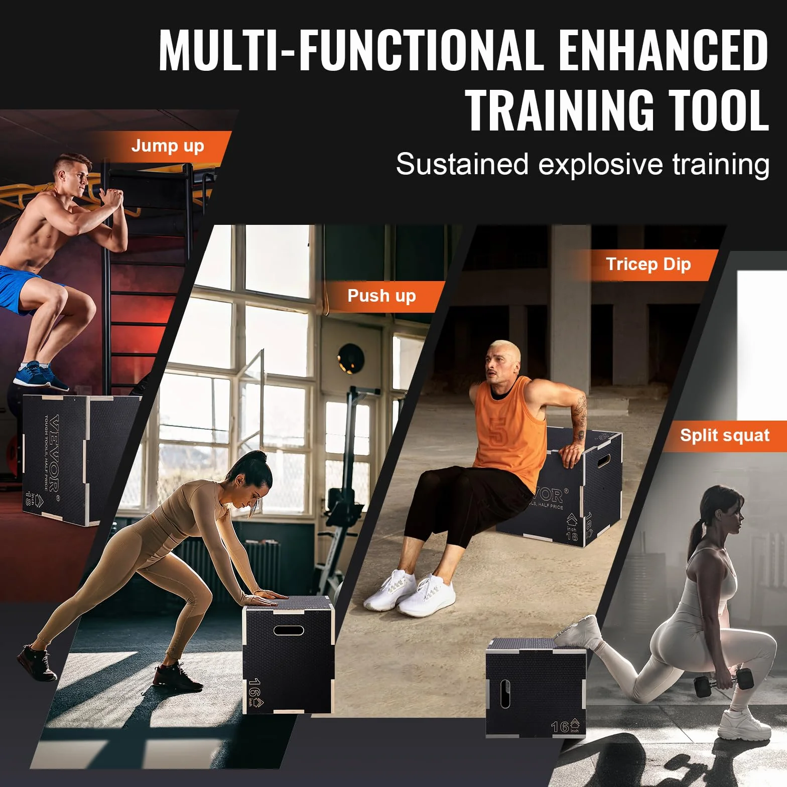VEVOR Scatola per Plyo in Legno 3 in 1, Piattaforma Antiscivolo per Esercizi Fitness e Allenamento