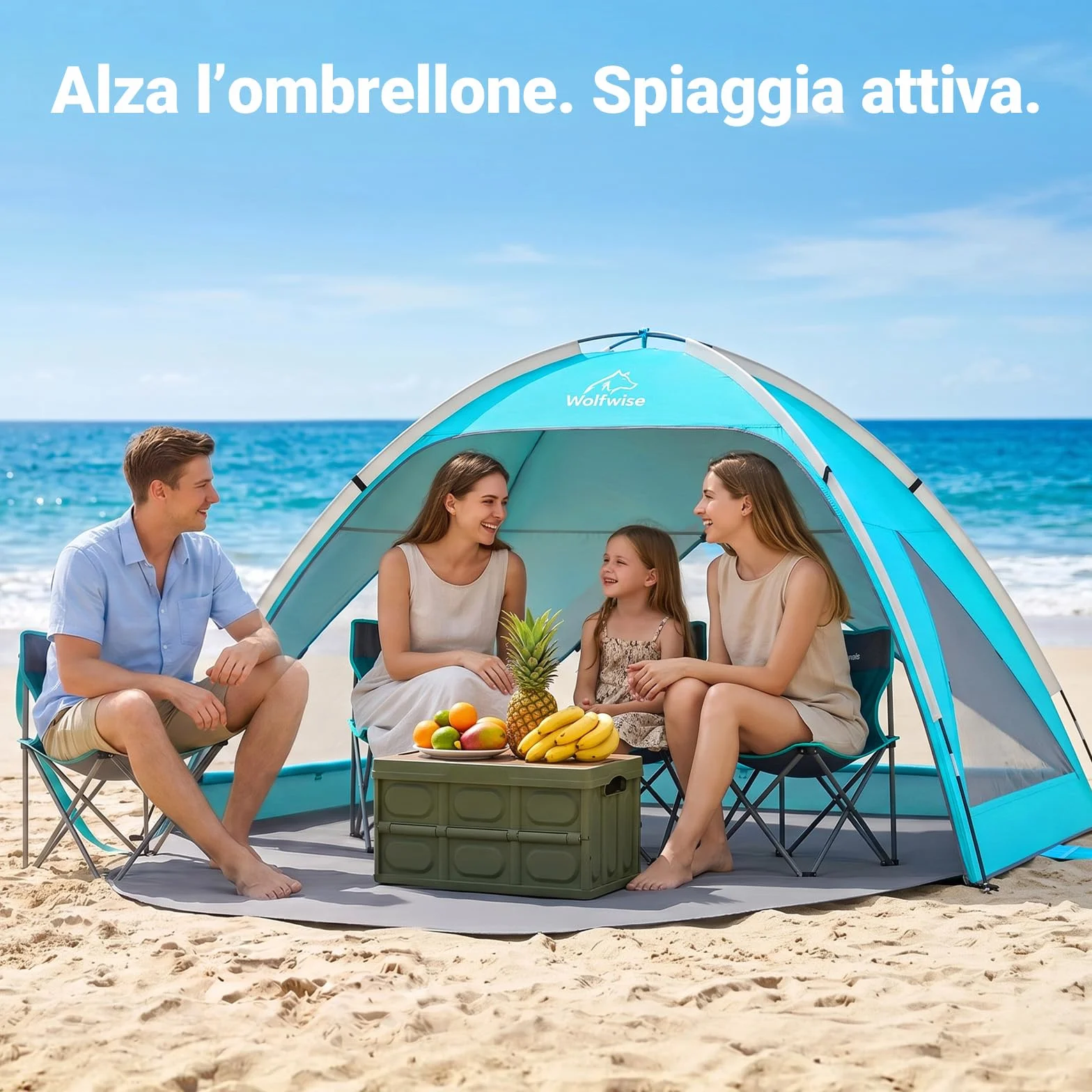 Wolfwise Tenda da Spiaggia UPF 50+ Famiglia Riparo Solare Anti-UV 3 Finestre Ventilate Pavimento Estensibile Borsa Trasporto 4 Persone Blu