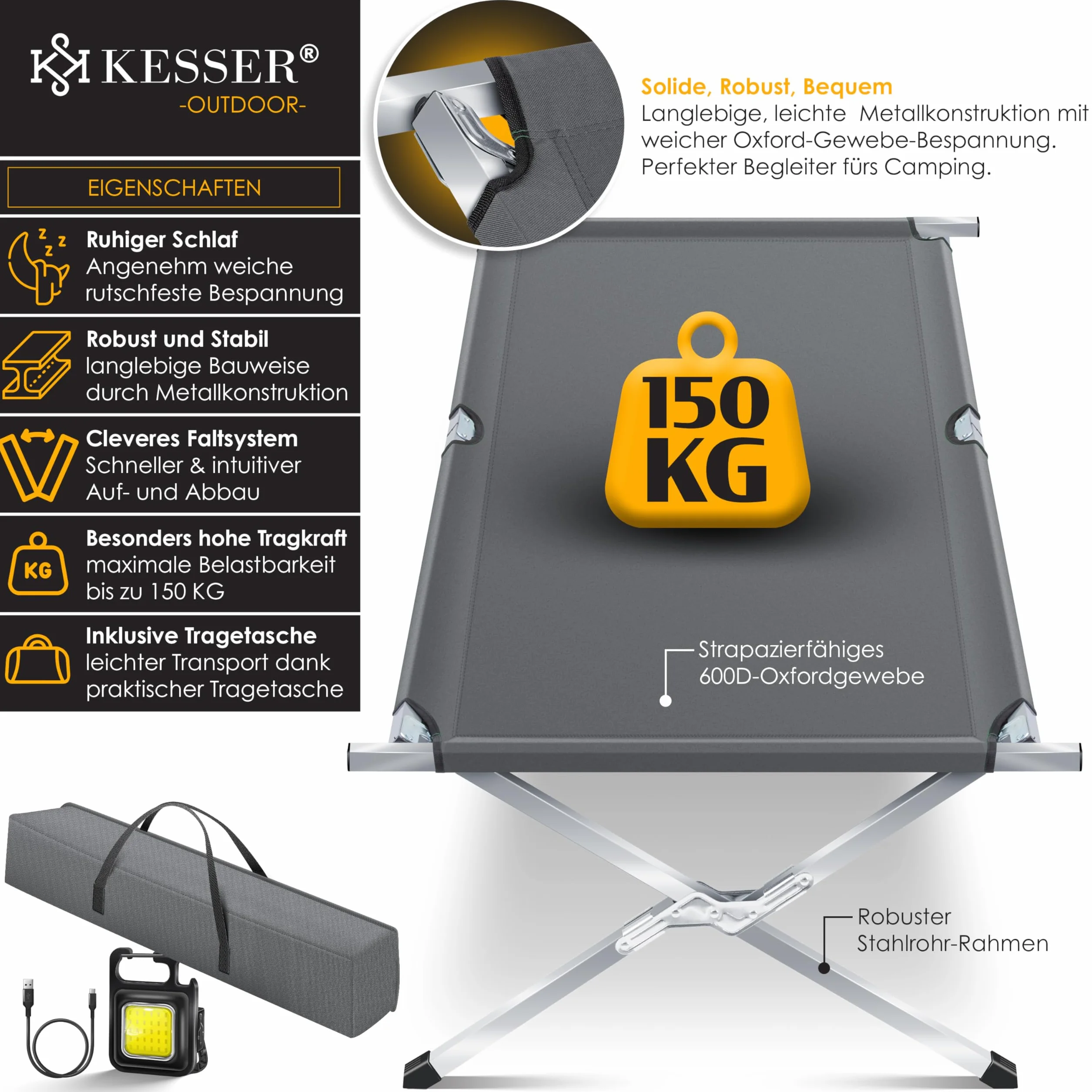 KESSER® Lettino da Campeggio Pieghevole 150 kg Tessuto Oxford 600D Portatile con Borsa