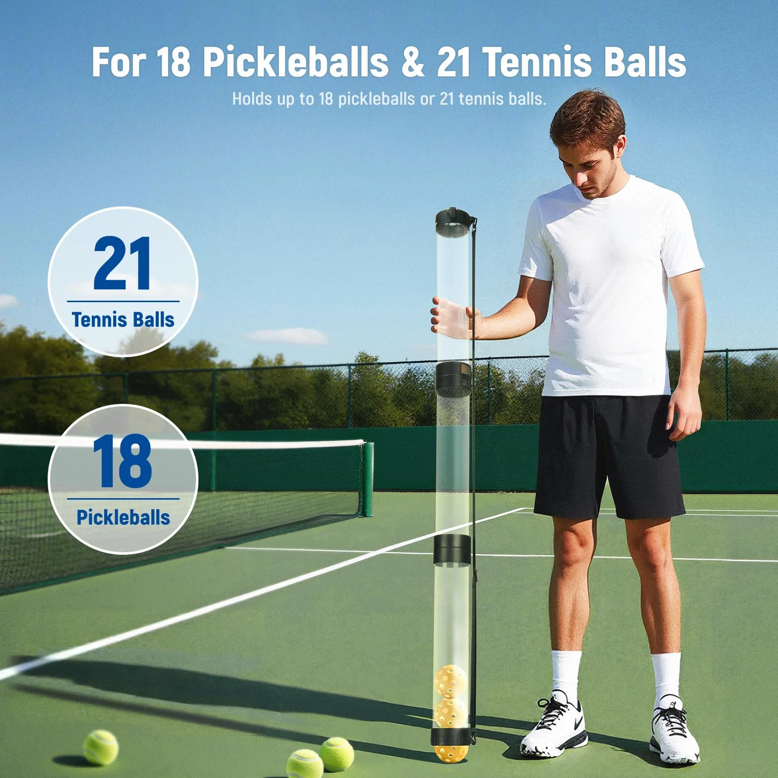 NEEWER Raccoglitore Palline Tramoggia a Tubo per 18 Pickleball e 21 Palline Tennis, Portapalle Superiore Staccabile con Tappo, PB01S