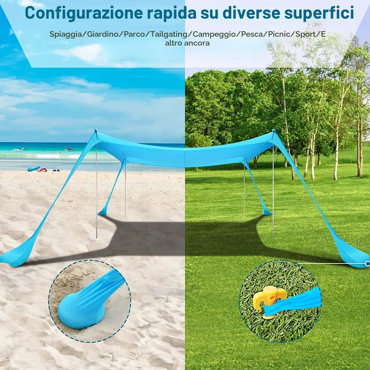 COMMOUDS Tenda da Spiaggia, Parasole 2,1m x 2,1m, Ombrellone Portatile Anti Sole con 4 aste, Facile da Montare e Adatto per Famiglie, Campeggio, Pesca