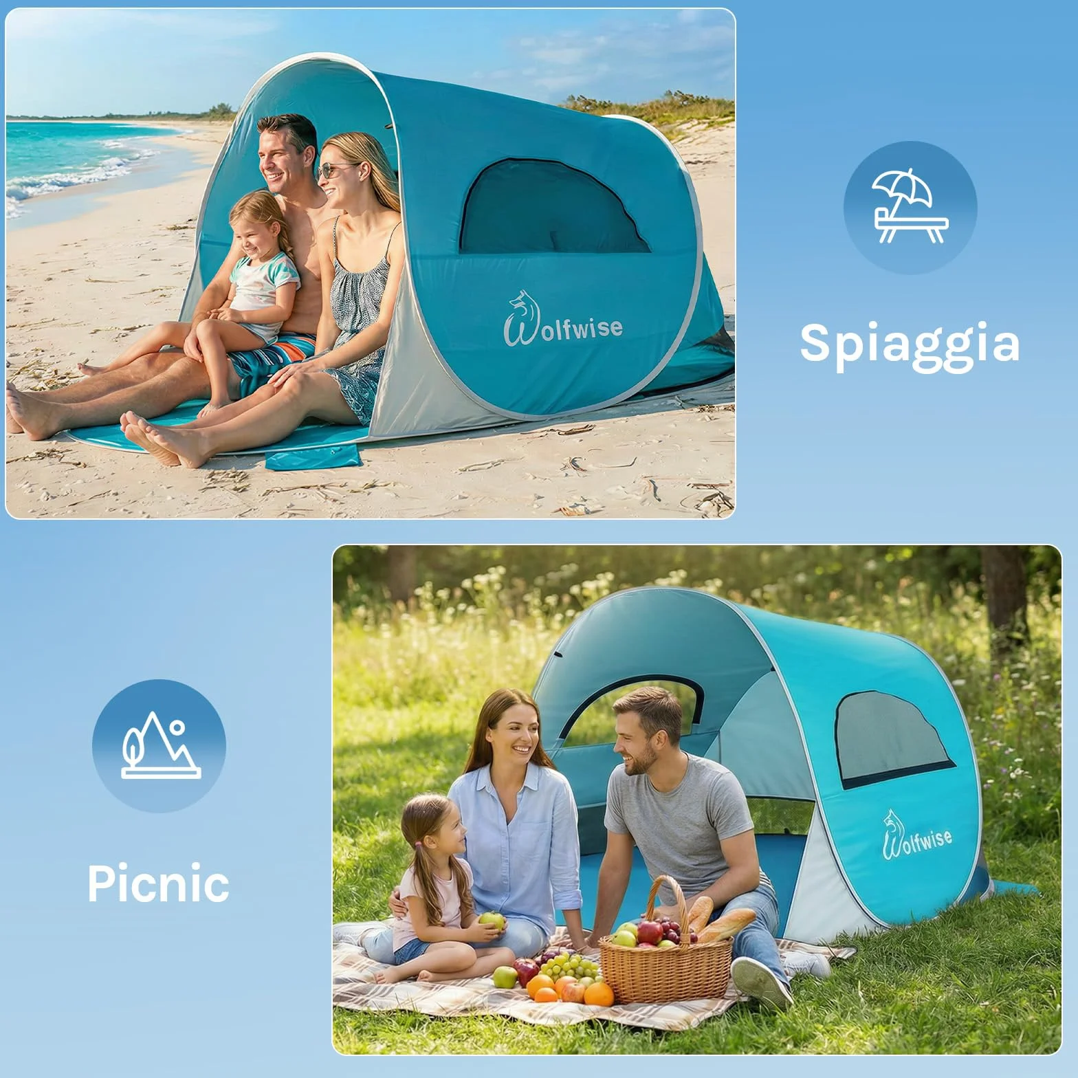 WolfWise Tenda Pop up Istantaneo, Spiaggia UPF 50+, Tenda Automatica Portabile Riparo dal Sole per Famiglia/Pesca/Trekking/Picnic
