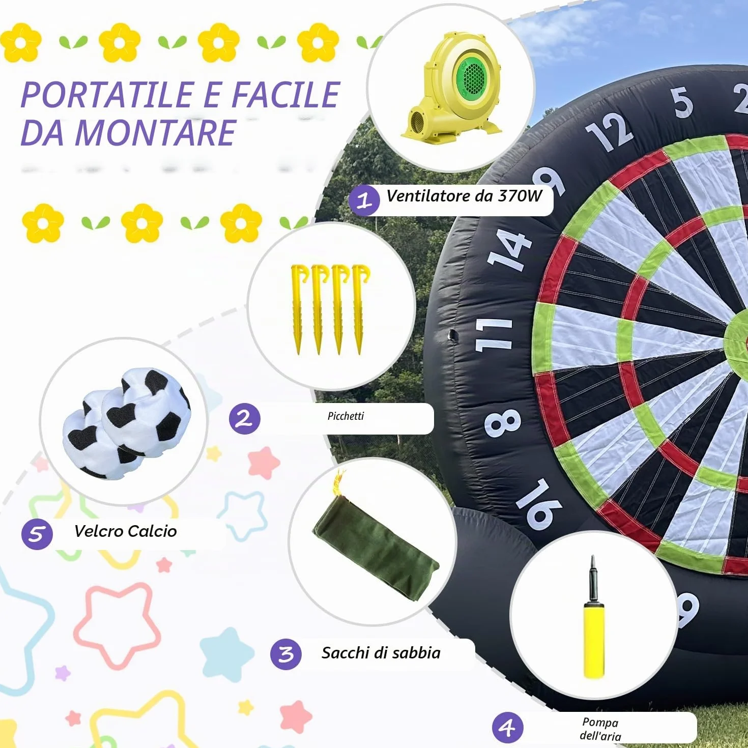 Bersaglio gonfiabile per freccette da calcio all'aperto 3 m con 8 palline e ventilatore 370 W