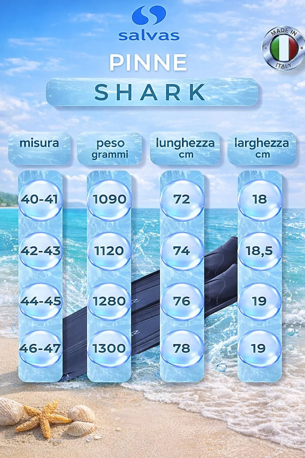 Salvas Pinne Snorkeling Shark Uomo Pala Lunga Thermorubber Technoflex