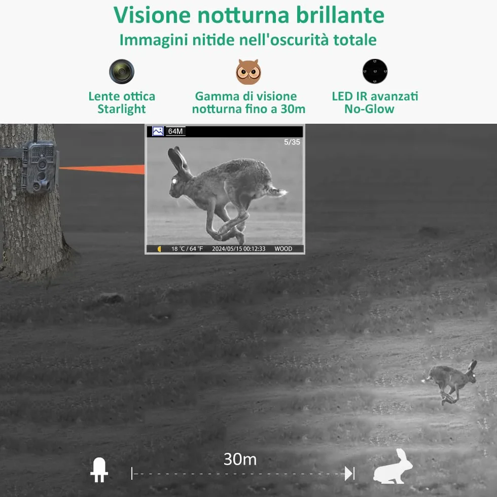GardePro E8 Fototrappola WiFi Bluetooth 64MP 1296P H.264 Video Notturna IP66 No-Glow IR 30m