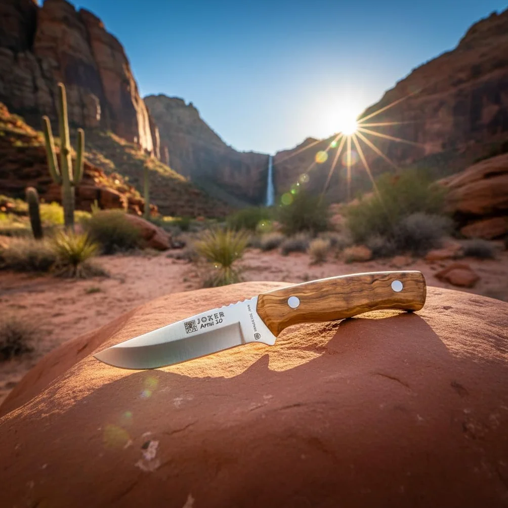 joker Coltello Bushcraft Arrui, incorpora custodia in pelle, con lama 10 cm Inox 420, cache in legno d'ulivo, 130 grammi, CO60 per la pesca, la caccia, l'escursionismo, il campeggio