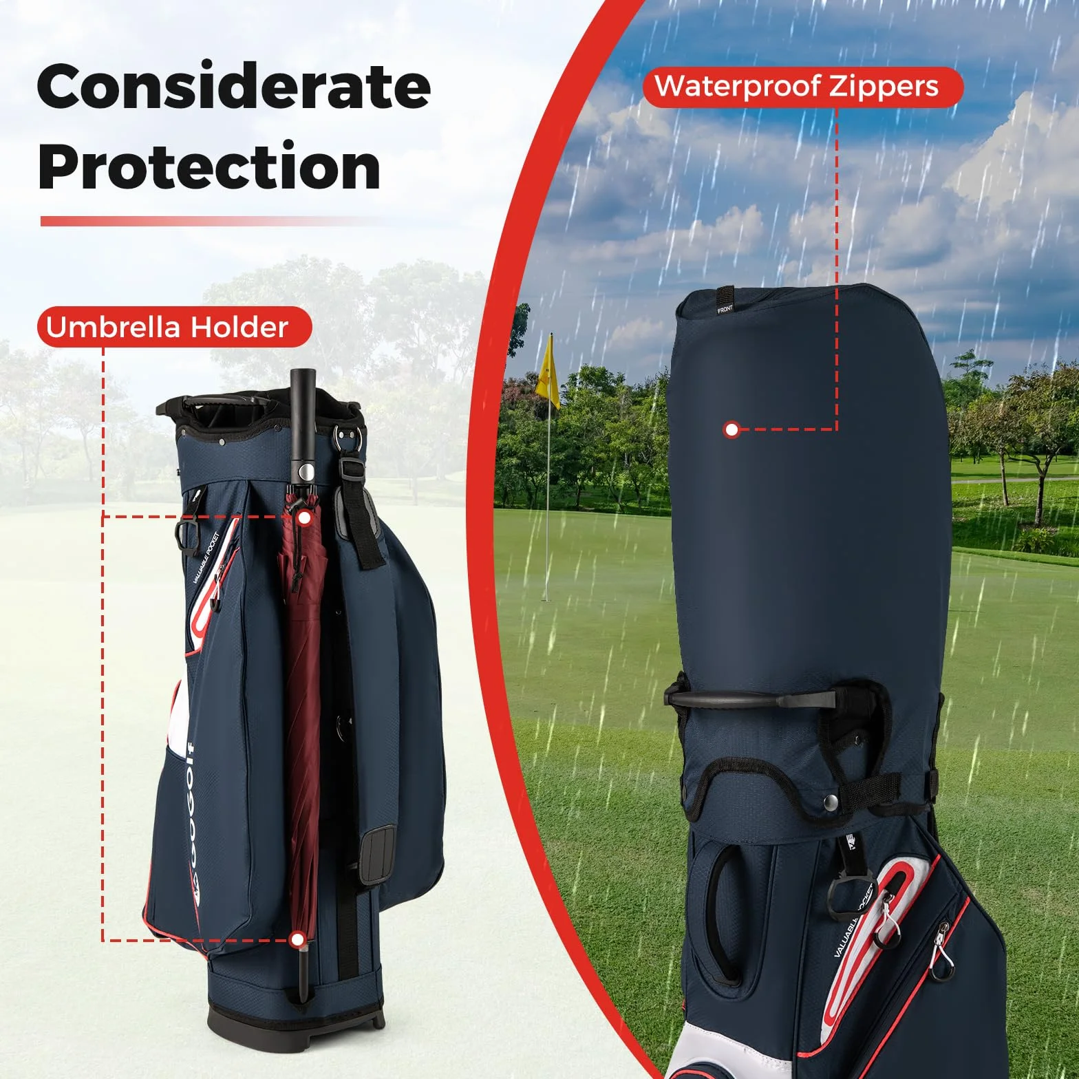LIFEZEAL Borsa da golf 14 scomparti 6 tasche cappuccio antipioggia tracolla regolabile