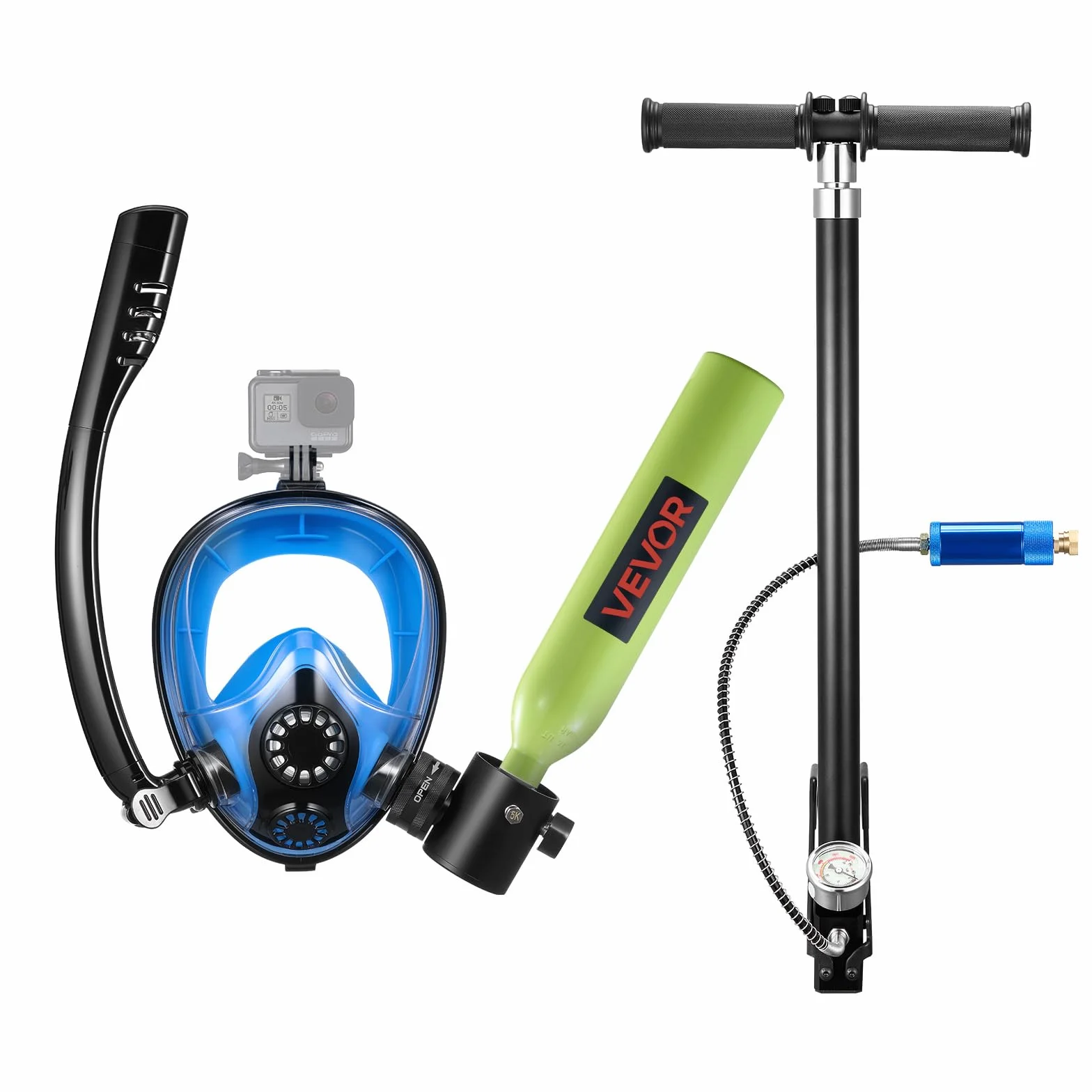 VEVOR Mini Bombola Subacquea, Set Bombola Portatile 0,5L con Maschera Integrale, Pompa Manuale ad Alta Pressione, Scuba Tank Autonomia 10 Minuti