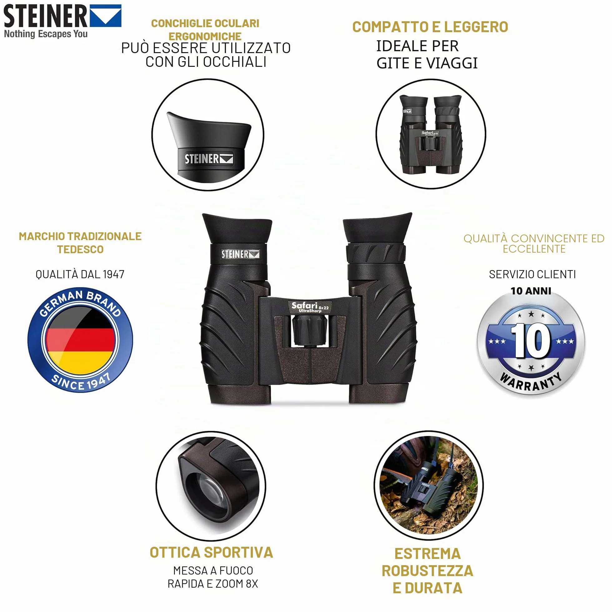 STEINER Binocolo Safari UltraSharp 8x22 compatto leggero per adulti bambini viaggi escursioni