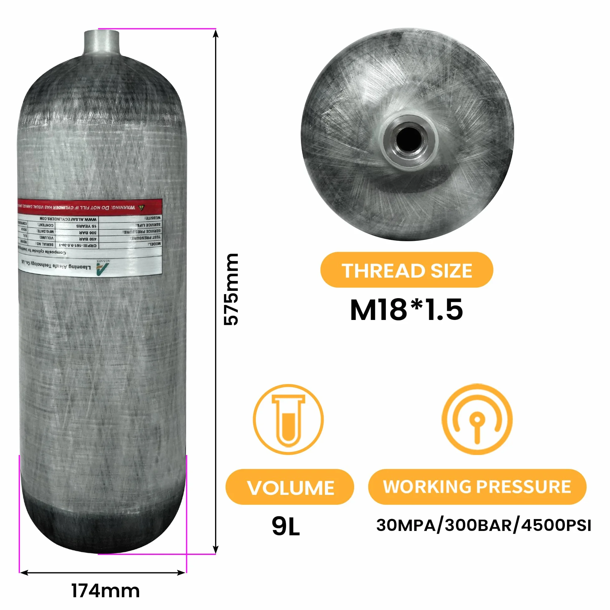 Bombola subacquea TUXING 4500 Psi 9 litri fibra di carbonio per carabine ad aria compressa PCP