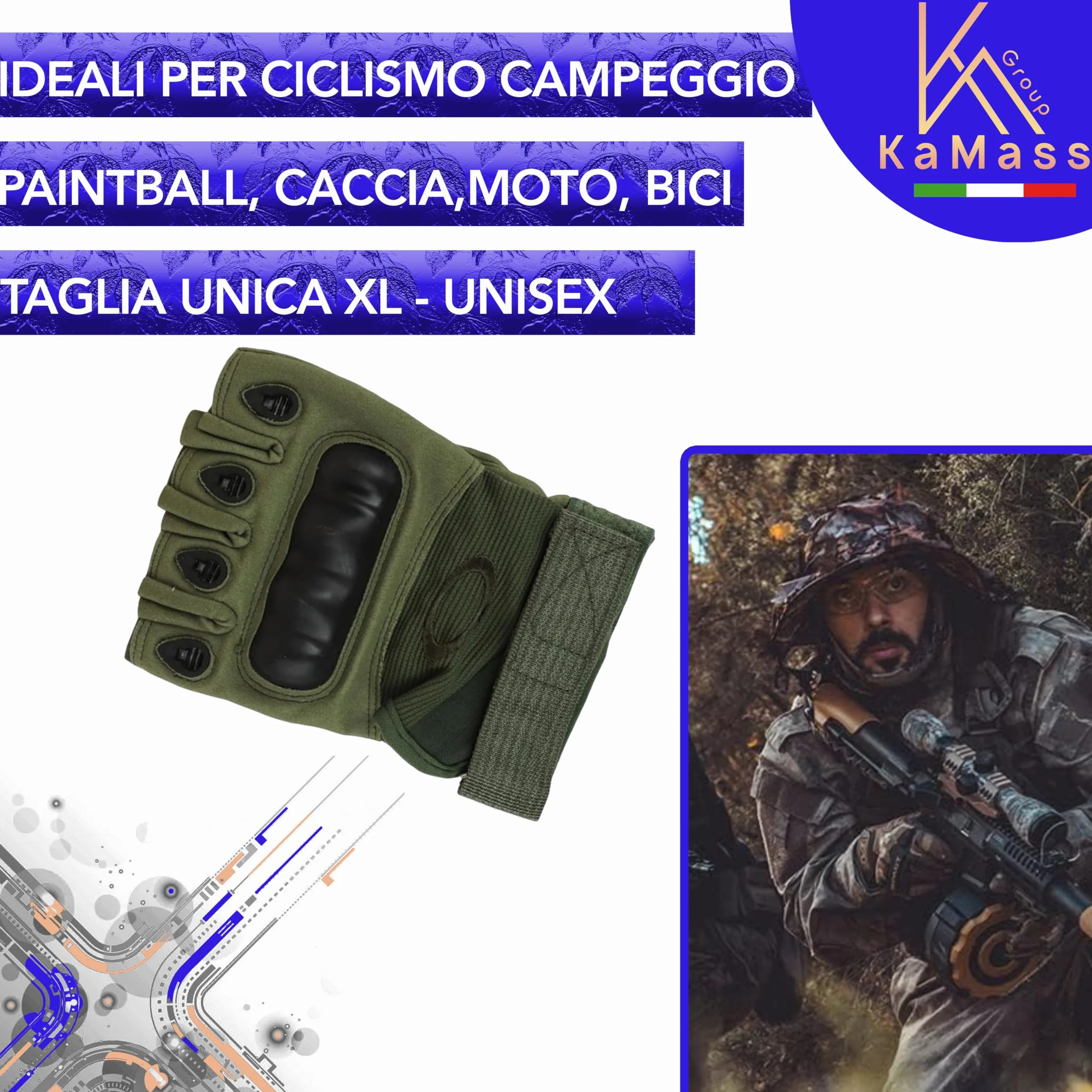 Kamass Guanti PAINTBALL tattici militari Unisex mezze dita per outdoor con protezione nocche MTB Leggeri Antivento e Antitaglio