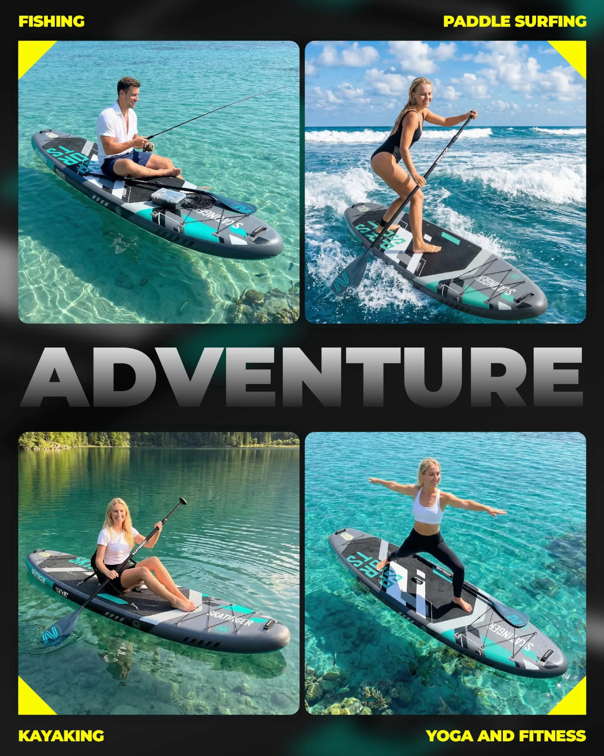Skatinger Tavola da SUP gonfiabile 11'6 × 35" ultra stabile per 2+1 persone con zaino 100 l pinna americana