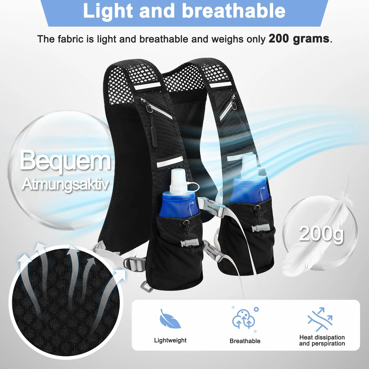 Gilet Running Super Leggero con 2 Borraccia Morbida 500ml, Zaino Trail Running per Uomo e Donna, Cinghie Pettorali Regolabili, Riflettente Traspirante per Corsa Maratona