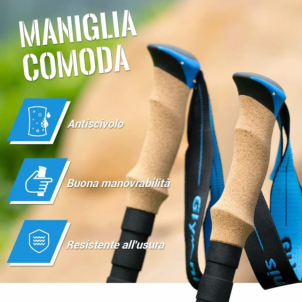 Bastoncini da Trekking 3 Sezioni 65-135cm Alluminio 7075 Blocco Rapido Impugnatura Sughero