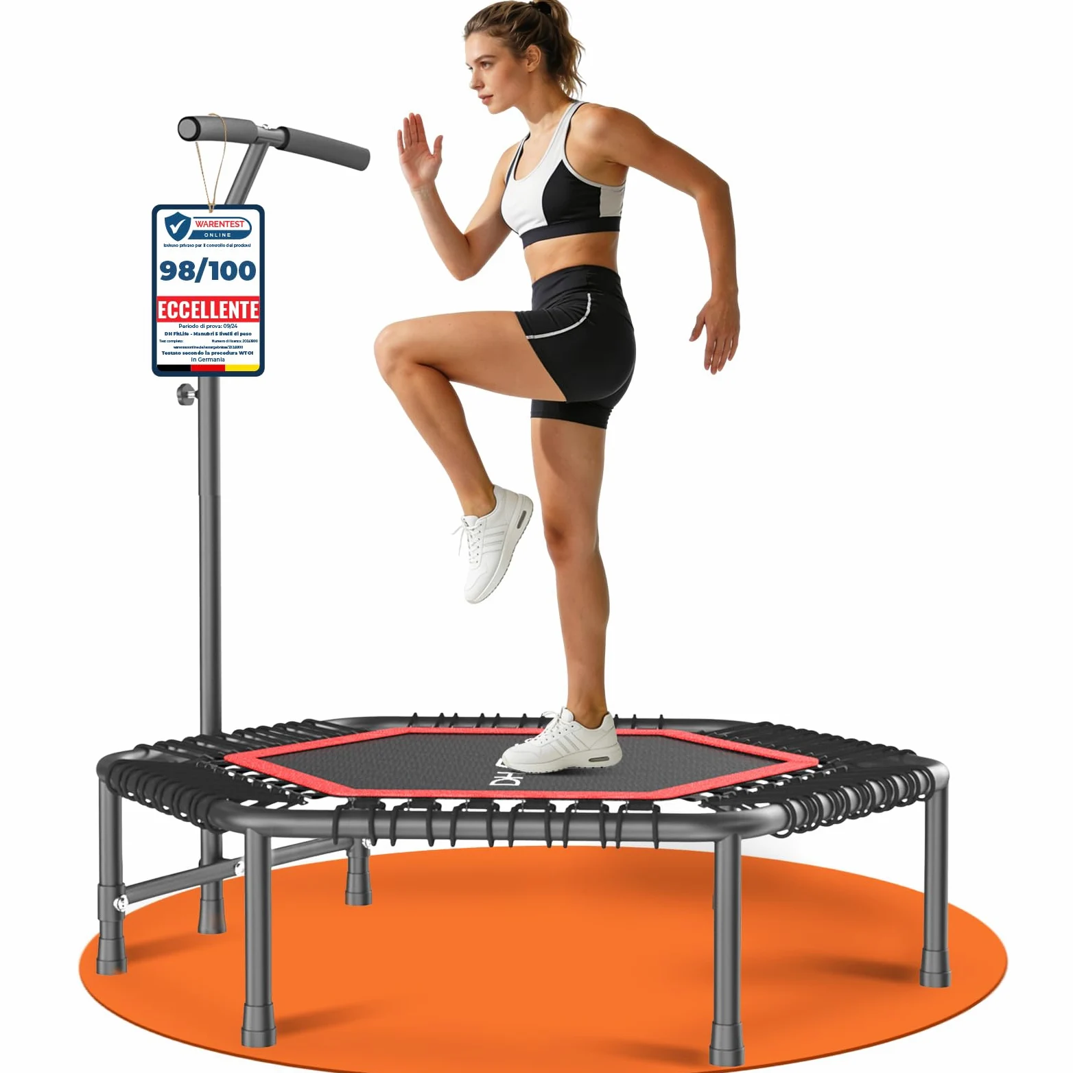 DH FitLife Fitness Trampolino Indoor | Ø 114 cm 45 Pollici Mini Trampolino per Cross Jumping | Portata 150 KG | Manico Regolabile a 3 Livelli | Stabile e Resistente