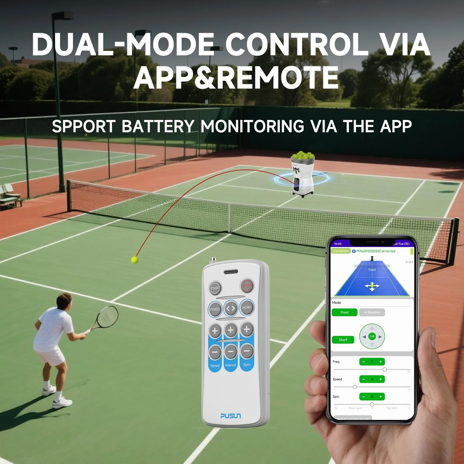 PUSUN PT-Mini Pro Macchina portatile per palline da tennis, 65 palline, supporto app e telecomando