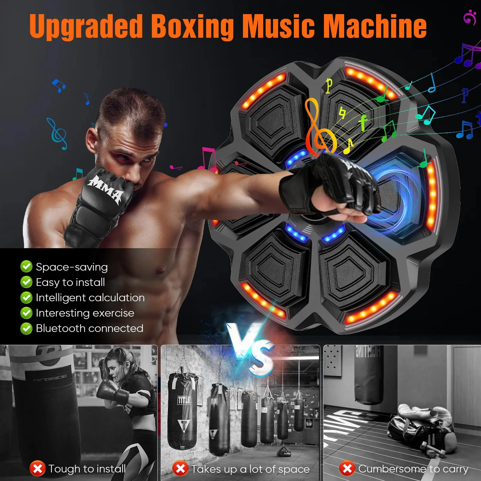 Music Boxing Machine Adulti,9 modalità di velocità Macchina da Box Musicale Pugile con Guanti da Boxe,LED Parete Tira Pugni con Musica,Supporta Bluetooth,regolazione della velocità