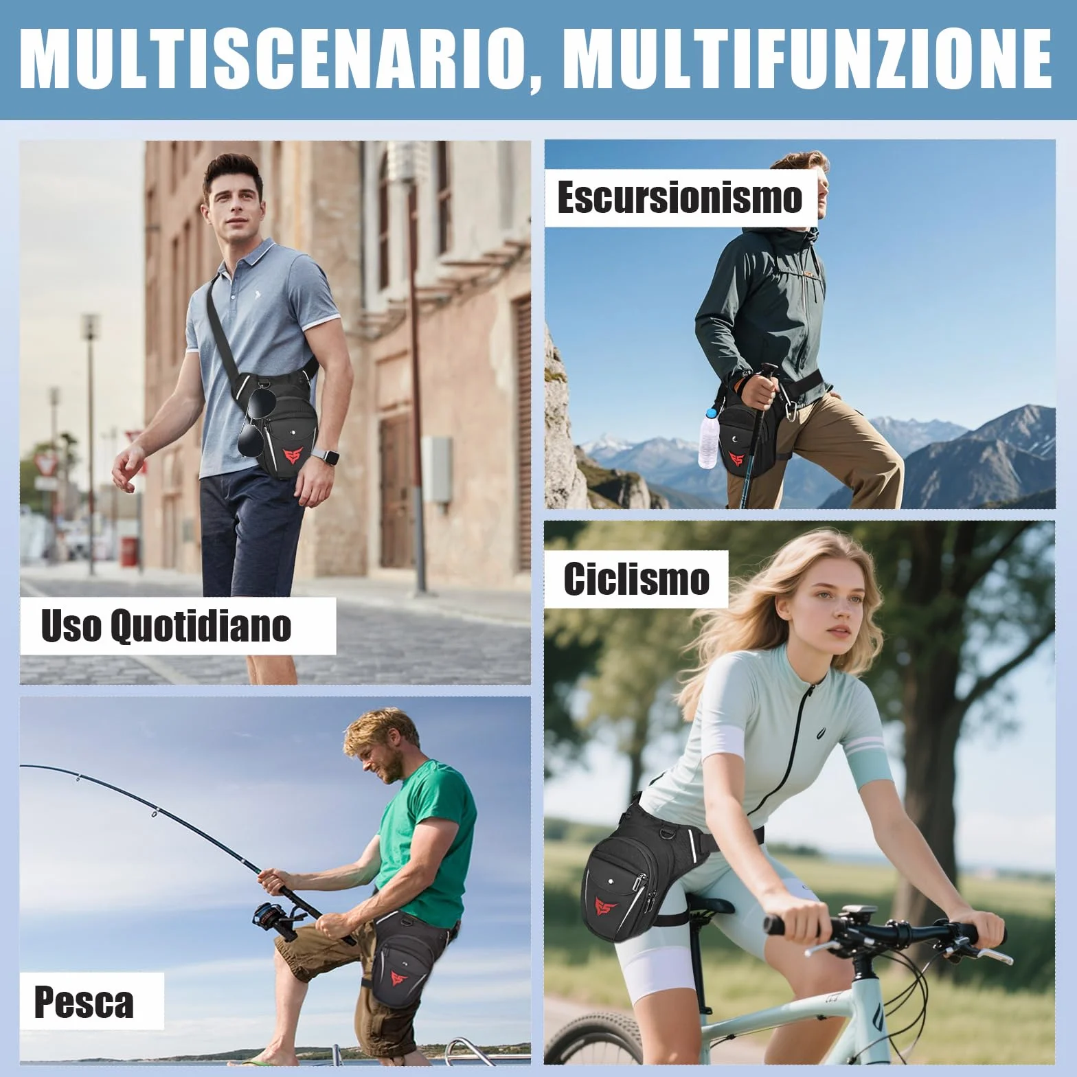Eshow Marsupio da Gamba Moto Borsa Cosciale Espandibile con Fibbia Borraccia Striscia Riflettente per Trekking Ciclismo Viaggio
