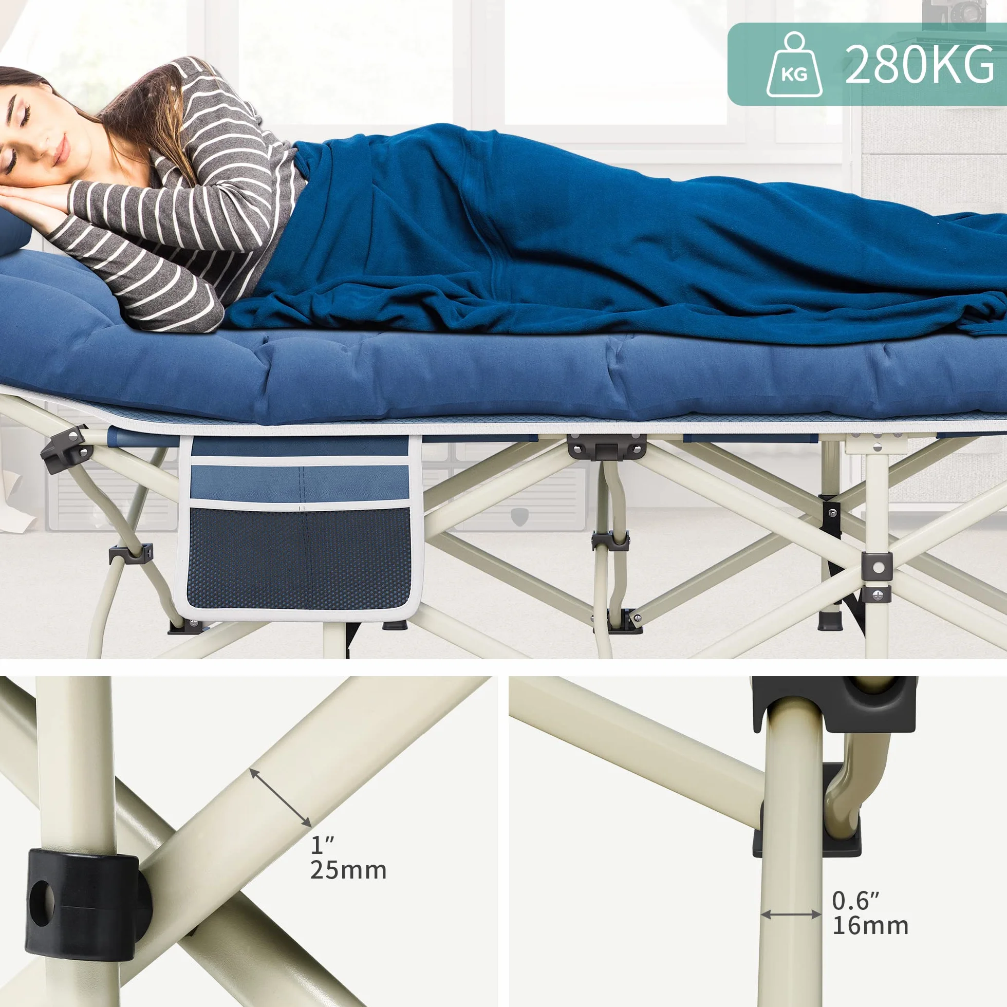 YITAHOME Letti da Campeggio Pieghevoli per Adulti, Lettino con Materasso Extra Spesso, Tubi Più Spessi, Blu