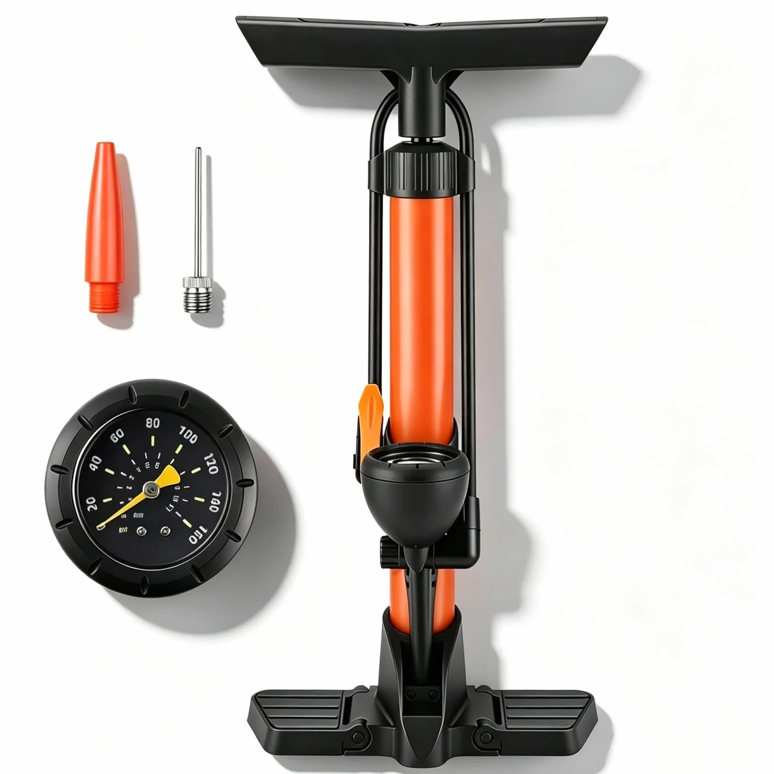 Pompa per Bicicletta da Pavimento con Manometro, Alta Pressione 160 PSI per Valvole Presta e Schrader, Arancione
