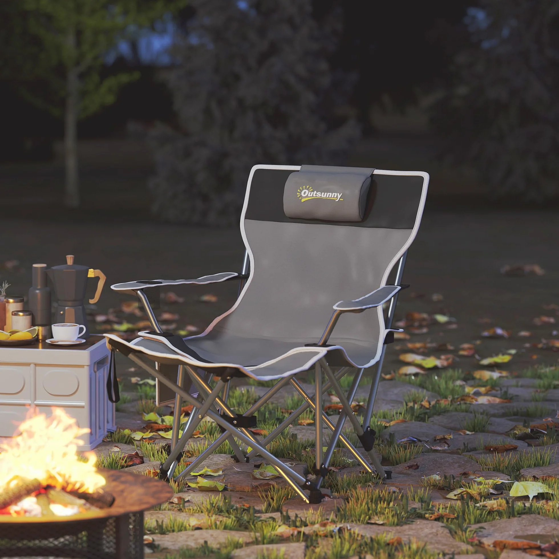 Outsunny Sedia da Campeggio Pieghevole con Poggiapiedi Staccabile, Portabicchieri e Tasca Laterale, Sedia da Giardino in Tessuto Oxford e Metallo, Portata Fino a 120 kg, 82x100x88 cm, Grigio