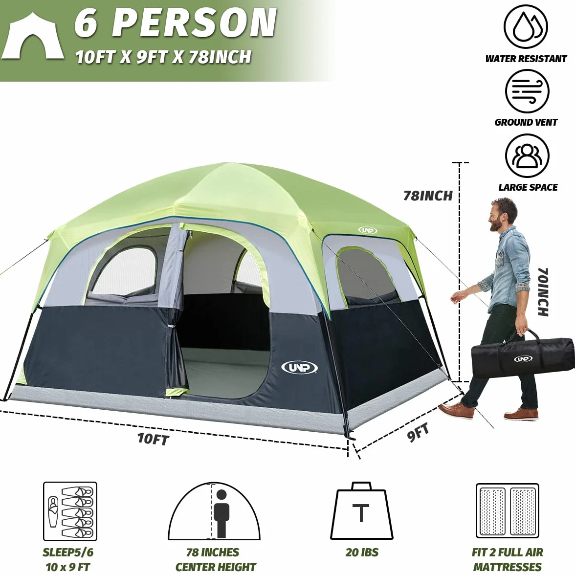 Tenda Familiare Impermeabile Antivento 5-6 Persone 300 x 270 x 207 cm Doppia Parete