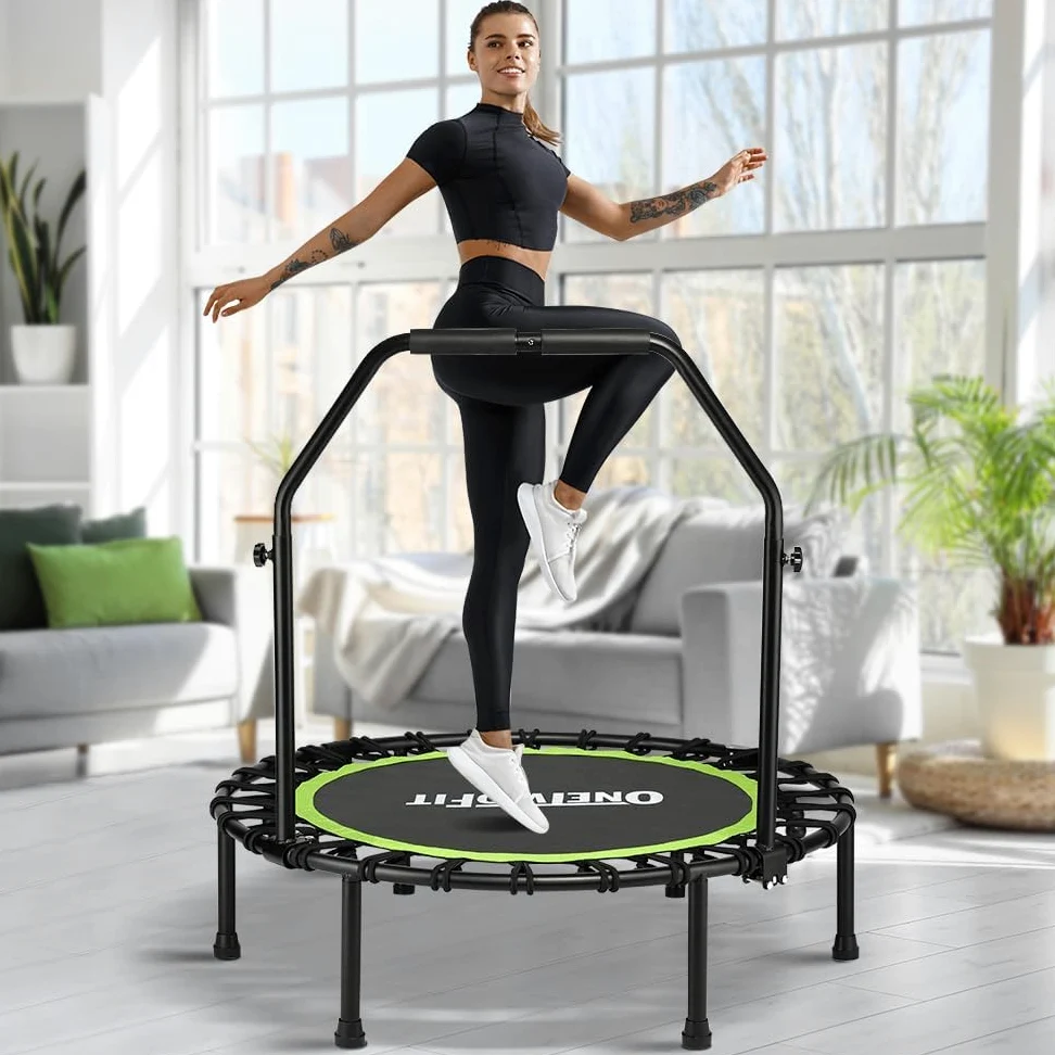 ONETWOFIT Trampolino pieghevole per adulti, 101/107/114cm mini trampolino fitness W/manico regolabile in schiuma Bungees, esercizio silenzioso trampolino per interni personali