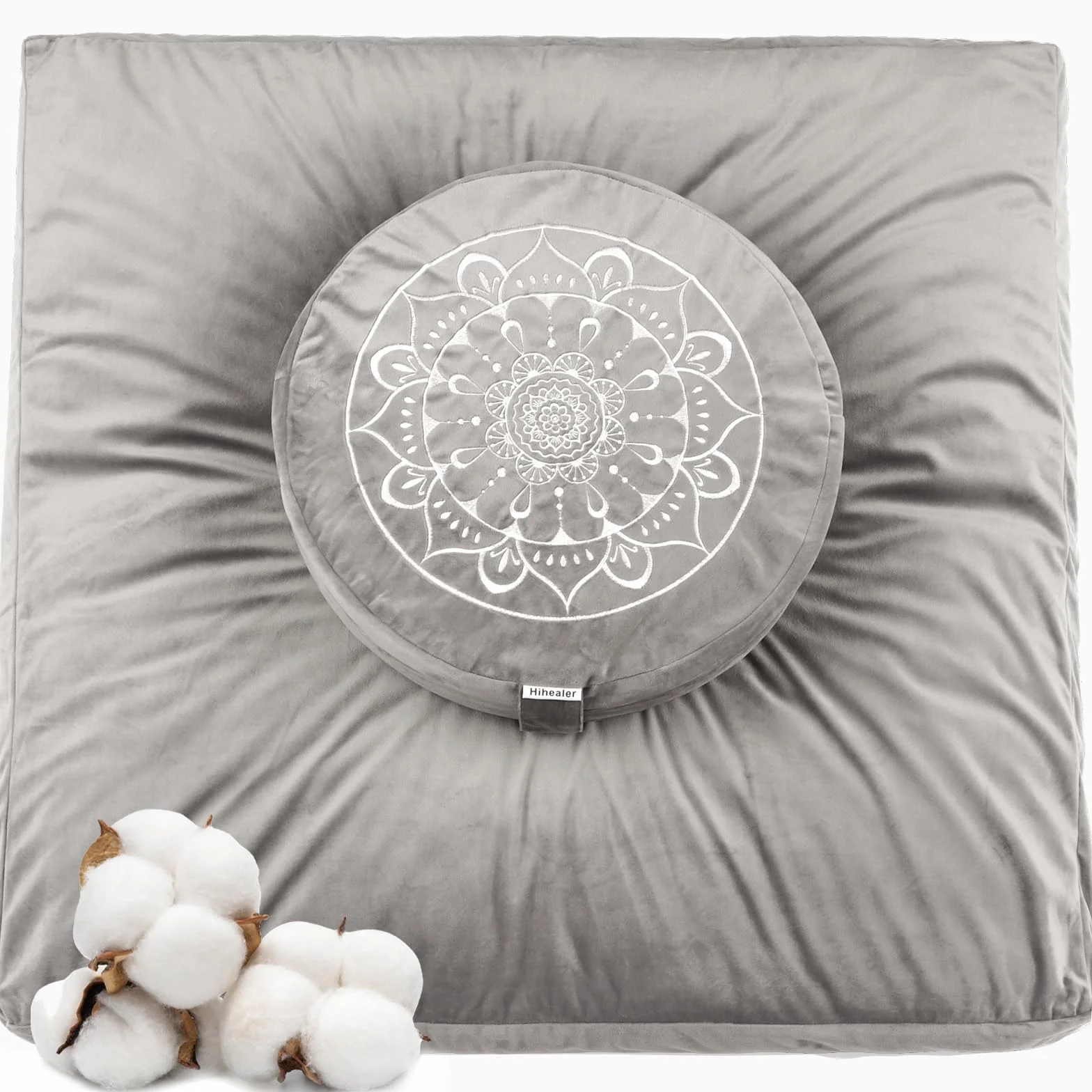 Hihealer Zabuton - Set di cuscino per meditazione e tappeti, grande zafu e tappetino per meditazione, per uomini e donne, ideale per yoga, relax e piena coscienza (grigio, 40 x 40 x 13 cm e 80 x 80 x